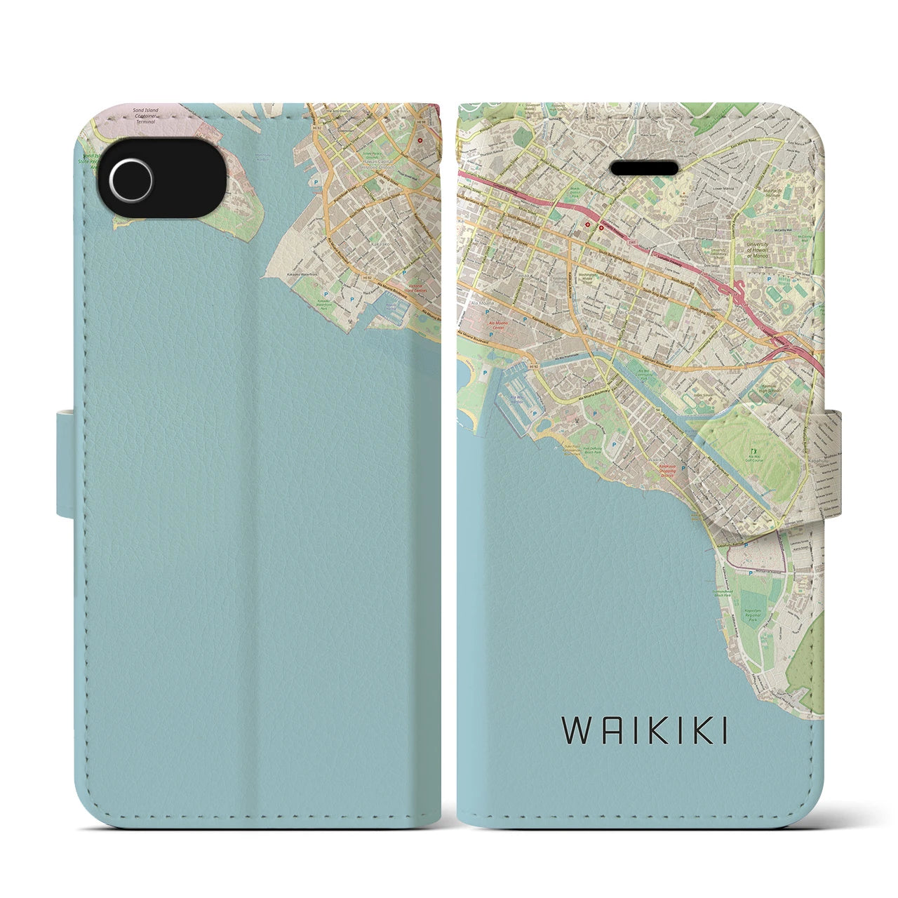 【ワイキキ(アメリカ)】地図柄iPhoneケース(手帳タイプ)ナチュラル・iPhone SE(第3 / 第2世代) / 8 / 7 / 6s / 6 用