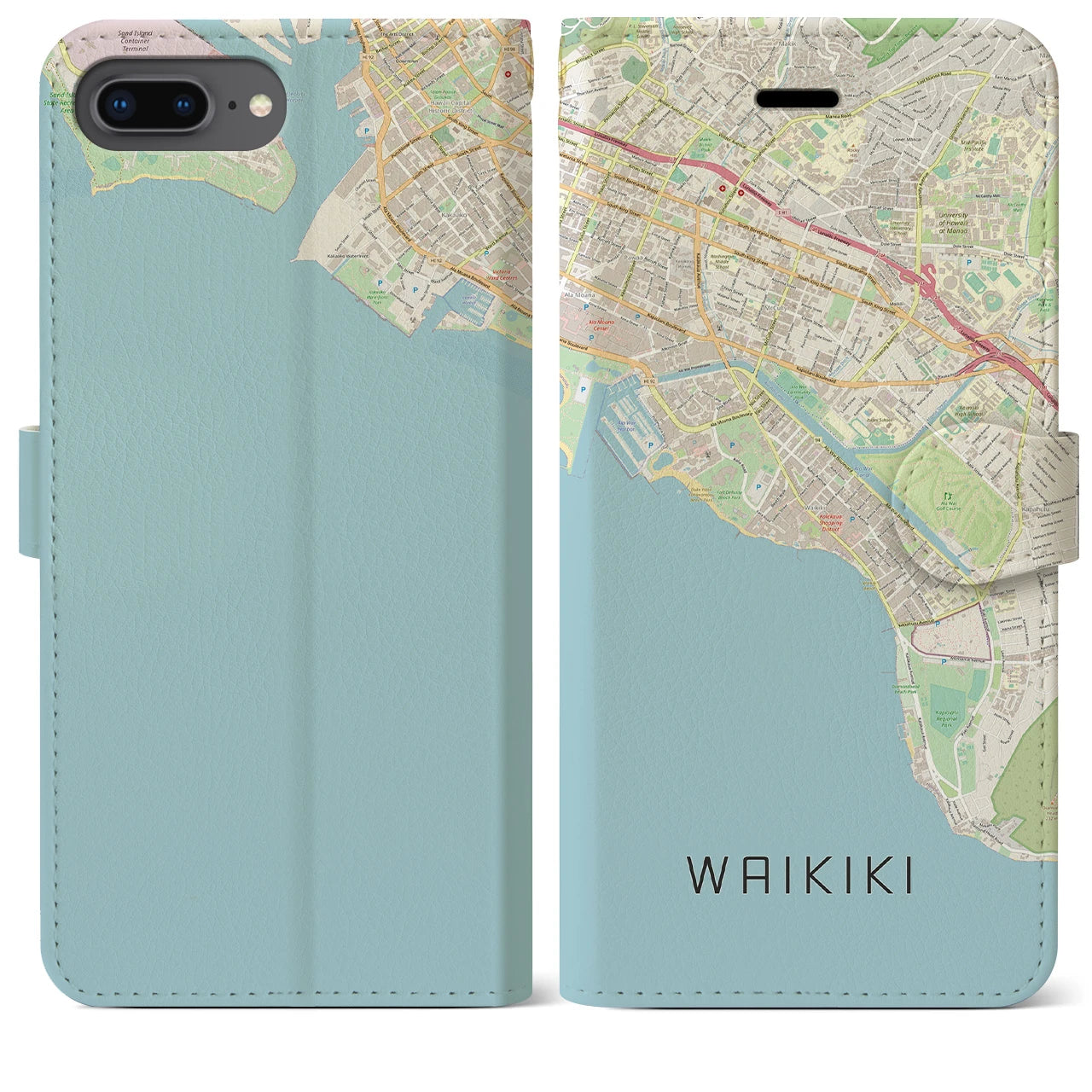 【ワイキキ(アメリカ)】地図柄iPhoneケース(手帳タイプ)ナチュラル・iPhone 8Plus /7Plus / 6sPlus / 6Plus 用