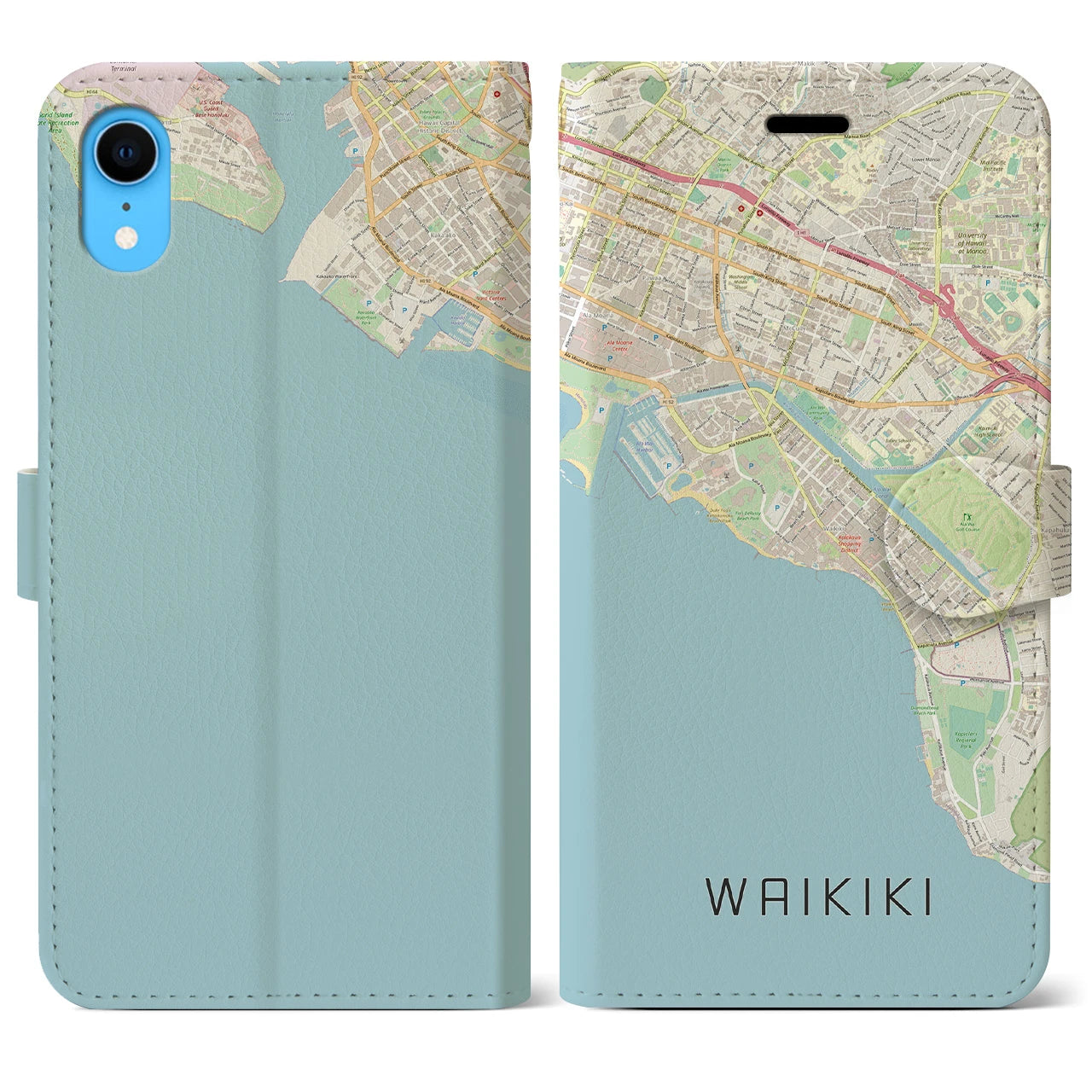 【ワイキキ(アメリカ)】地図柄iPhoneケース(手帳タイプ)ナチュラル・iPhone XR 用