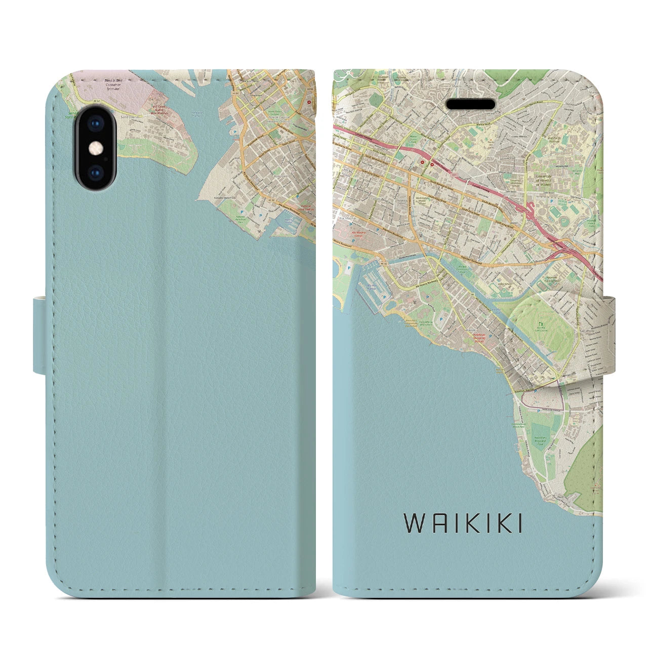 【ワイキキ(アメリカ)】地図柄iPhoneケース(手帳タイプ)ナチュラル・iPhone XS / X 用