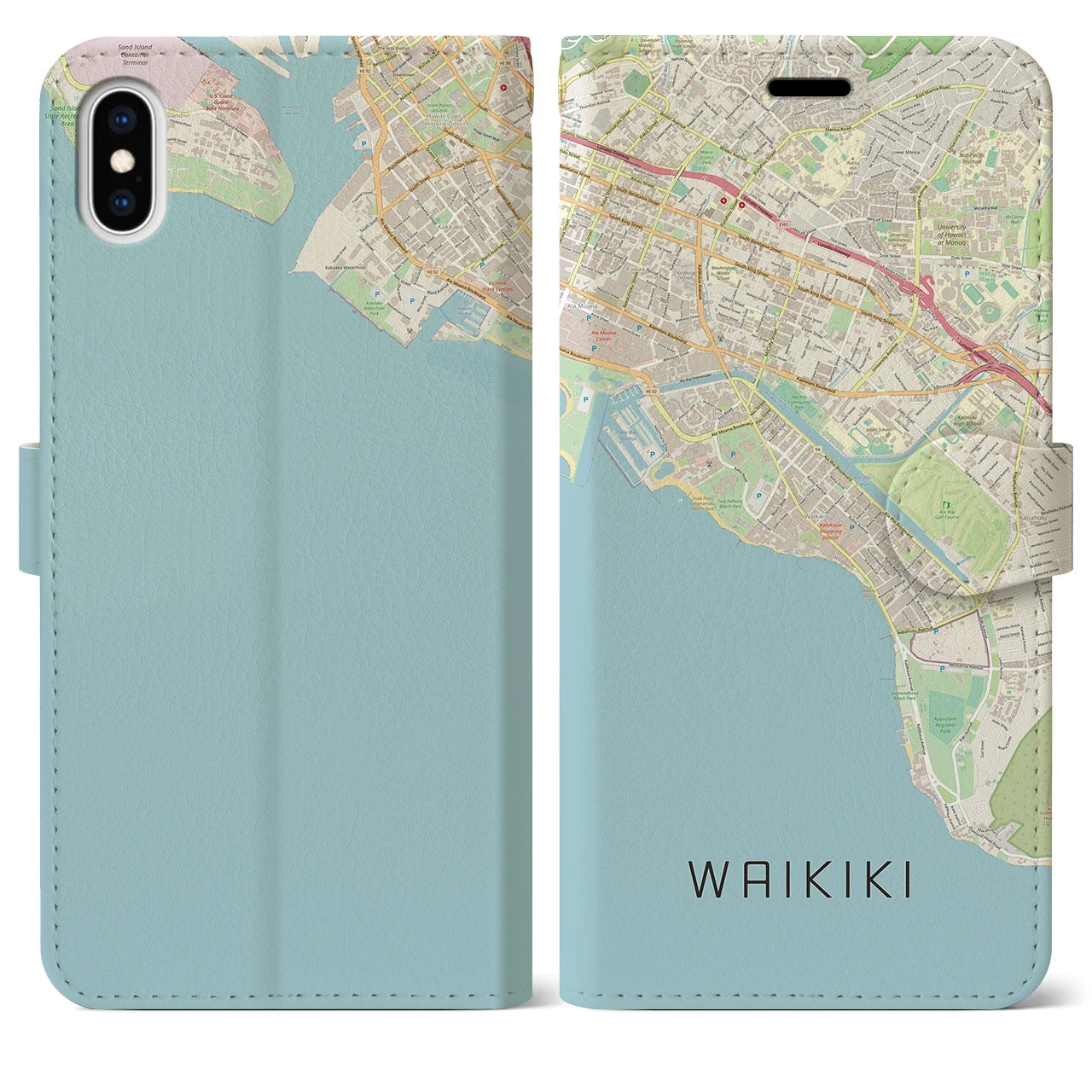 【ワイキキ(アメリカ)】地図柄iPhoneケース(手帳タイプ)ナチュラル・iPhone XS Max 用
