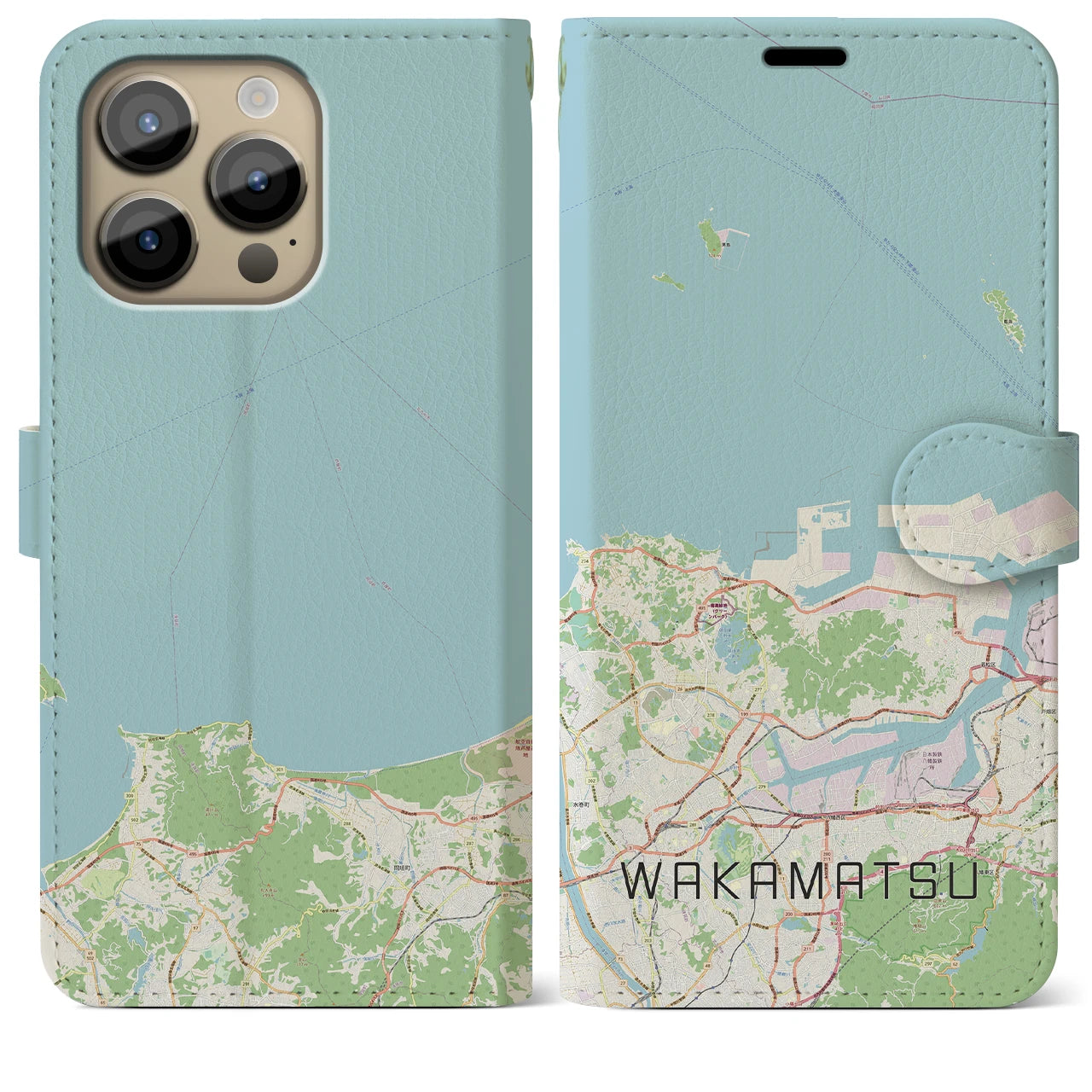 【若松(福岡県)】地図柄iPhoneケース(手帳タイプ)ナチュラル・iPhone 14 Pro Max 用