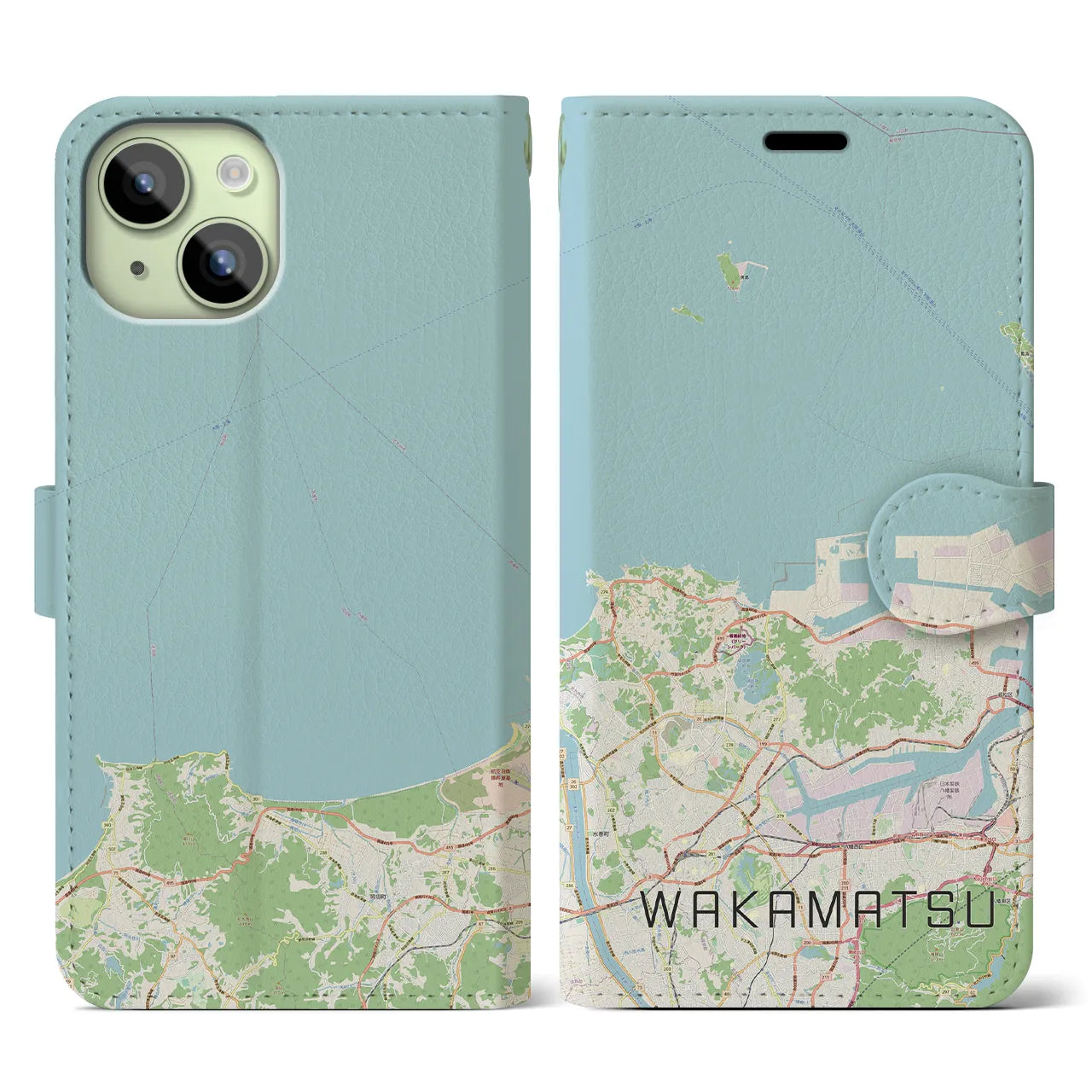 【若松(福岡県)】地図柄iPhoneケース(手帳タイプ)ナチュラル・iPhone 15 用