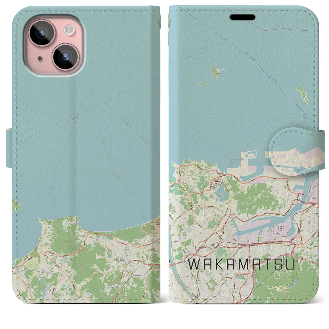 【若松(福岡県)】地図柄iPhoneケース(手帳タイプ)ナチュラル・iPhone 15 Plus 用