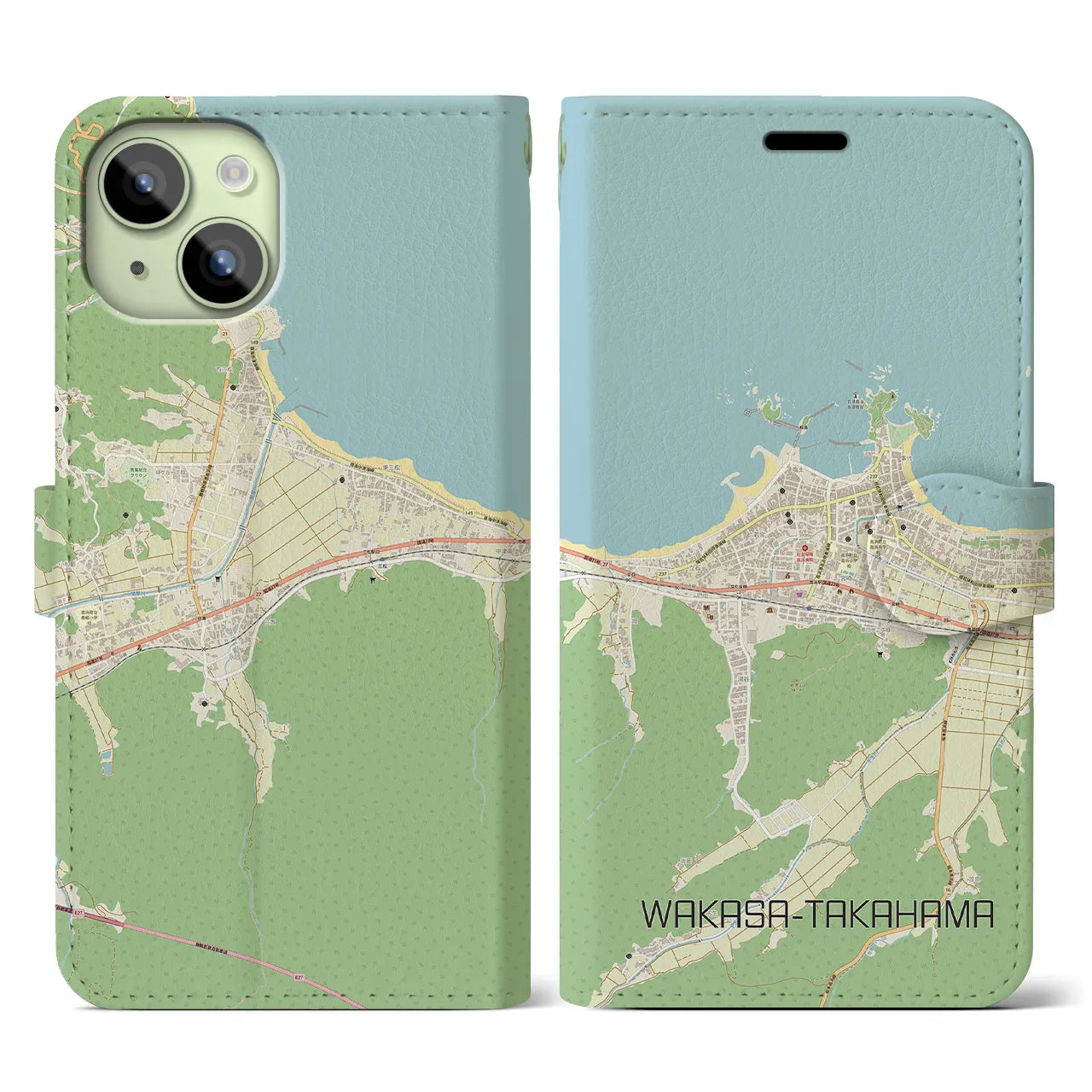 【若狭高浜(福井県)】地図柄iPhoneケース(手帳タイプ)ナチュラル・iPhone 15 用