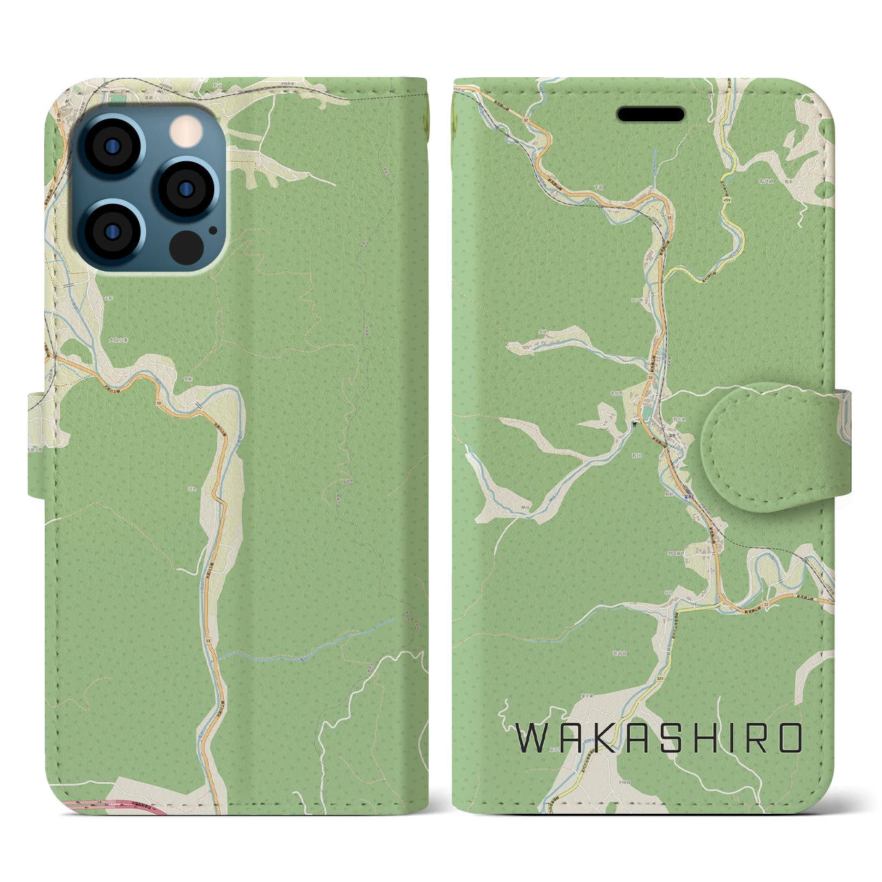 【若代(岡山県)】地図柄iPhoneケース(手帳タイプ)ナチュラル・iPhone 12 / 12 Pro 用