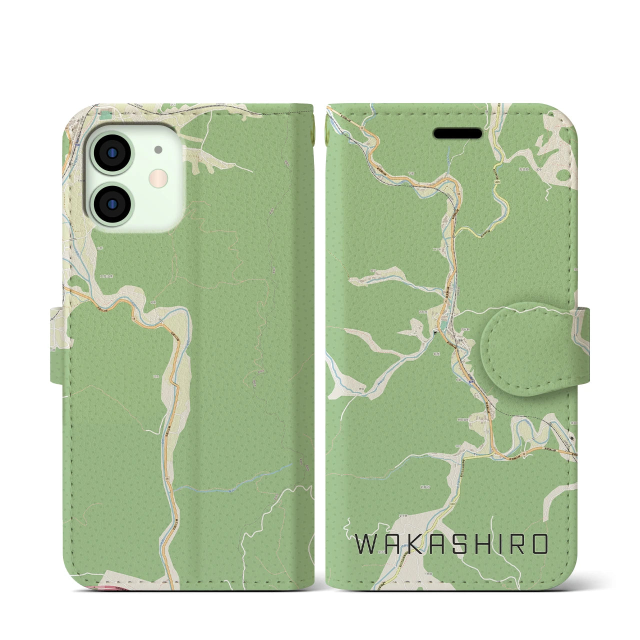 【若代(岡山県)】地図柄iPhoneケース(手帳タイプ)ナチュラル・iPhone 12 mini 用