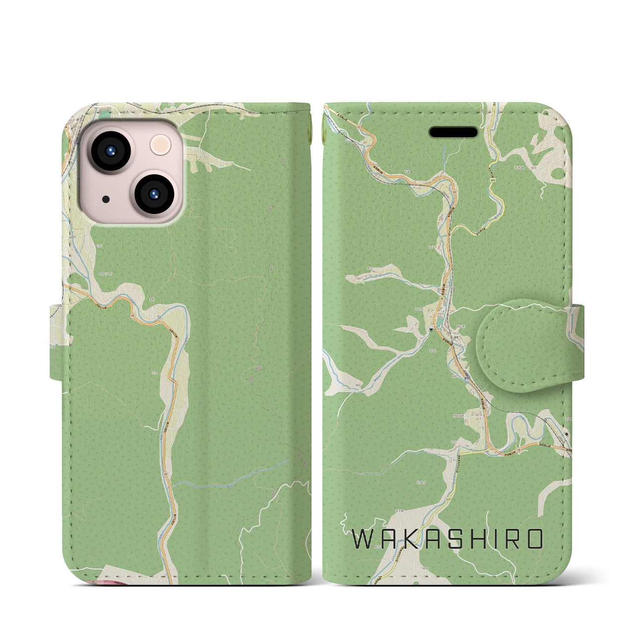 【若代(岡山県)】地図柄iPhoneケース(手帳タイプ)ナチュラル・iPhone 13 mini 用