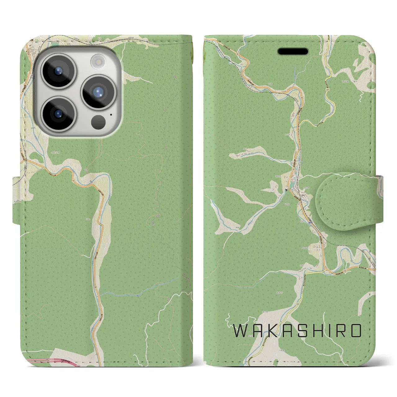 【若代(岡山県)】地図柄iPhoneケース(手帳タイプ)ナチュラル・iPhone 15 Pro 用