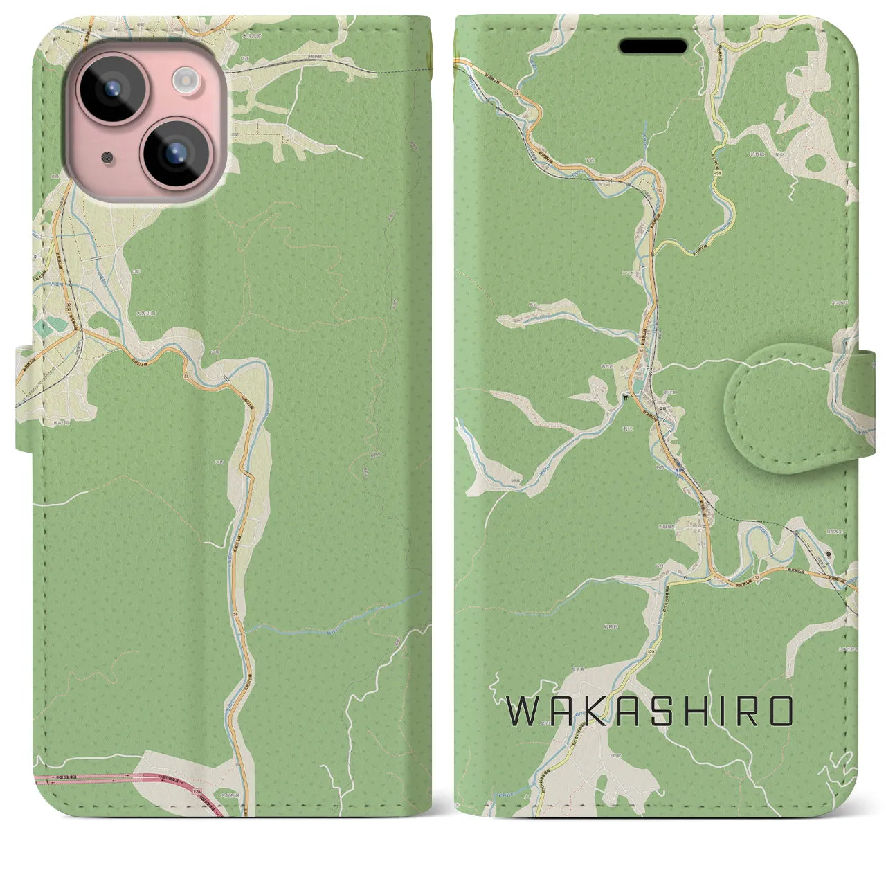 【若代(岡山県)】地図柄iPhoneケース(手帳タイプ)ナチュラル・iPhone 15 Plus 用