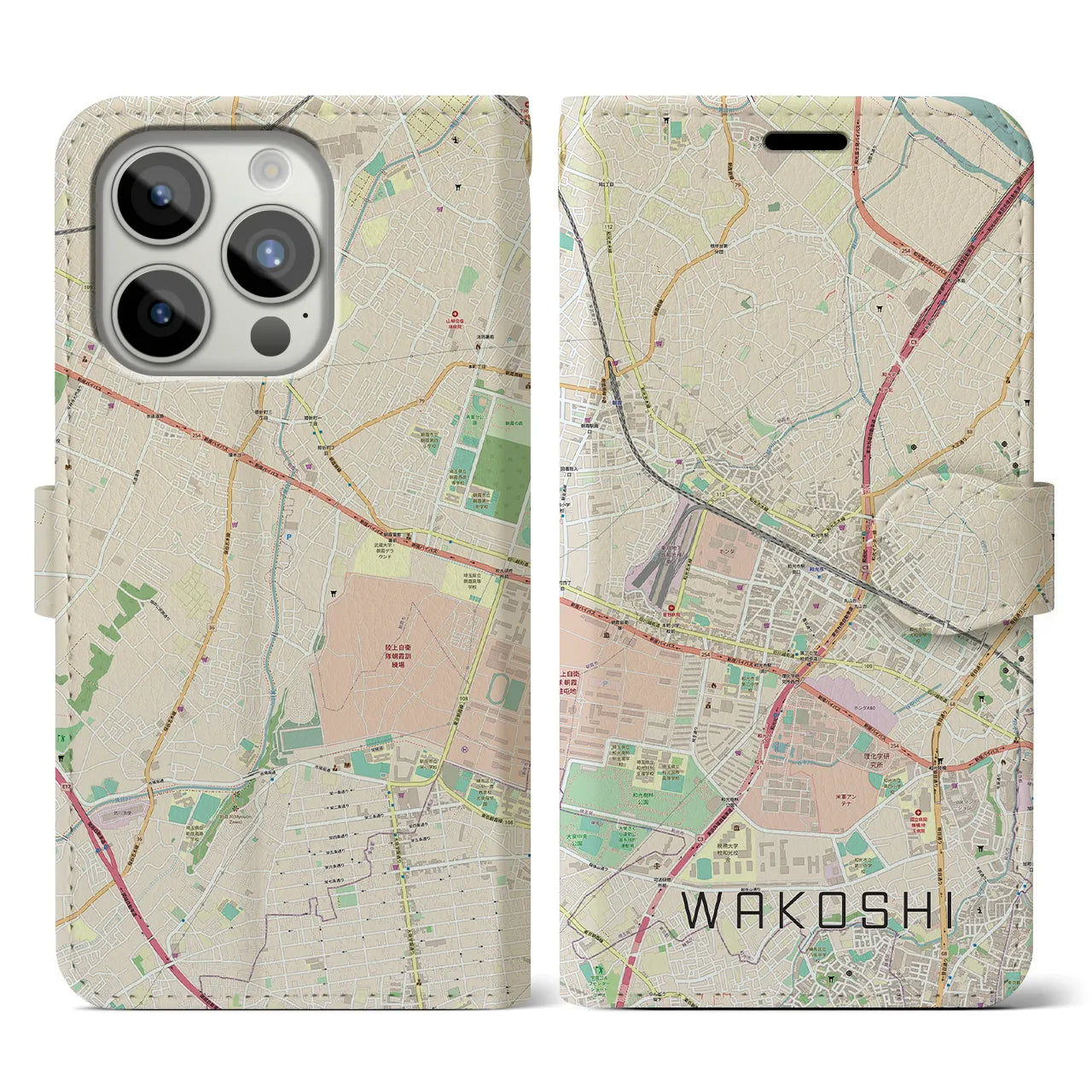 【和光市(埼玉県)】地図柄iPhoneケース(手帳タイプ)ナチュラル・iPhone 15 Pro 用
