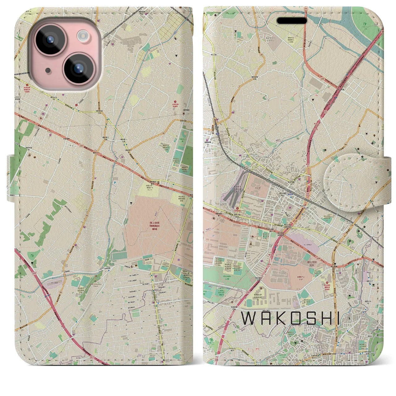 【和光市(埼玉県)】地図柄iPhoneケース(手帳タイプ)ナチュラル・iPhone 15 Plus 用