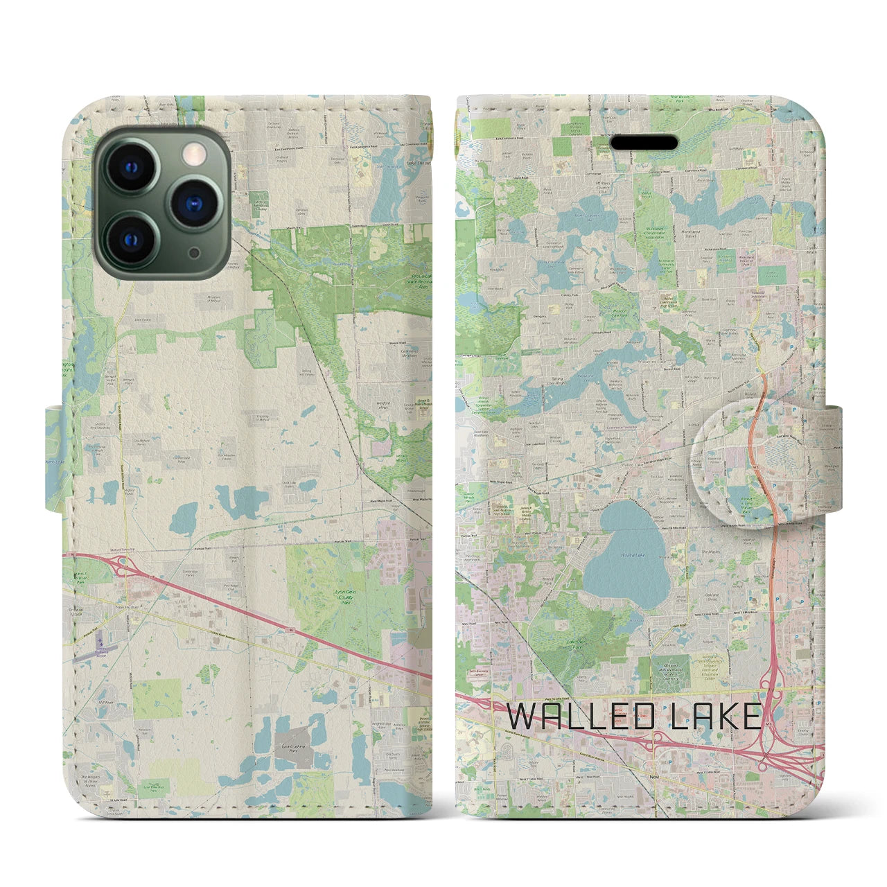 【ウォールドレイク(アメリカ)】地図柄iPhoneケース(手帳タイプ)ナチュラル・iPhone 11 Pro 用