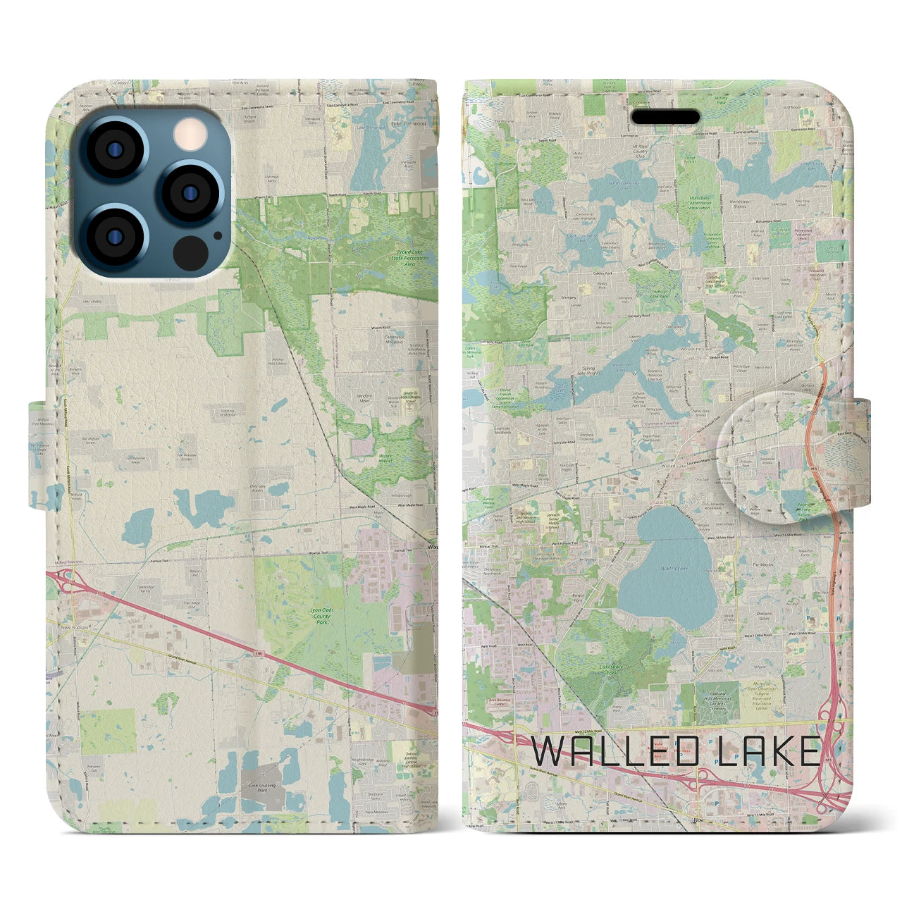【ウォールドレイク(アメリカ)】地図柄iPhoneケース(手帳タイプ)ナチュラル・iPhone 12 / 12 Pro 用