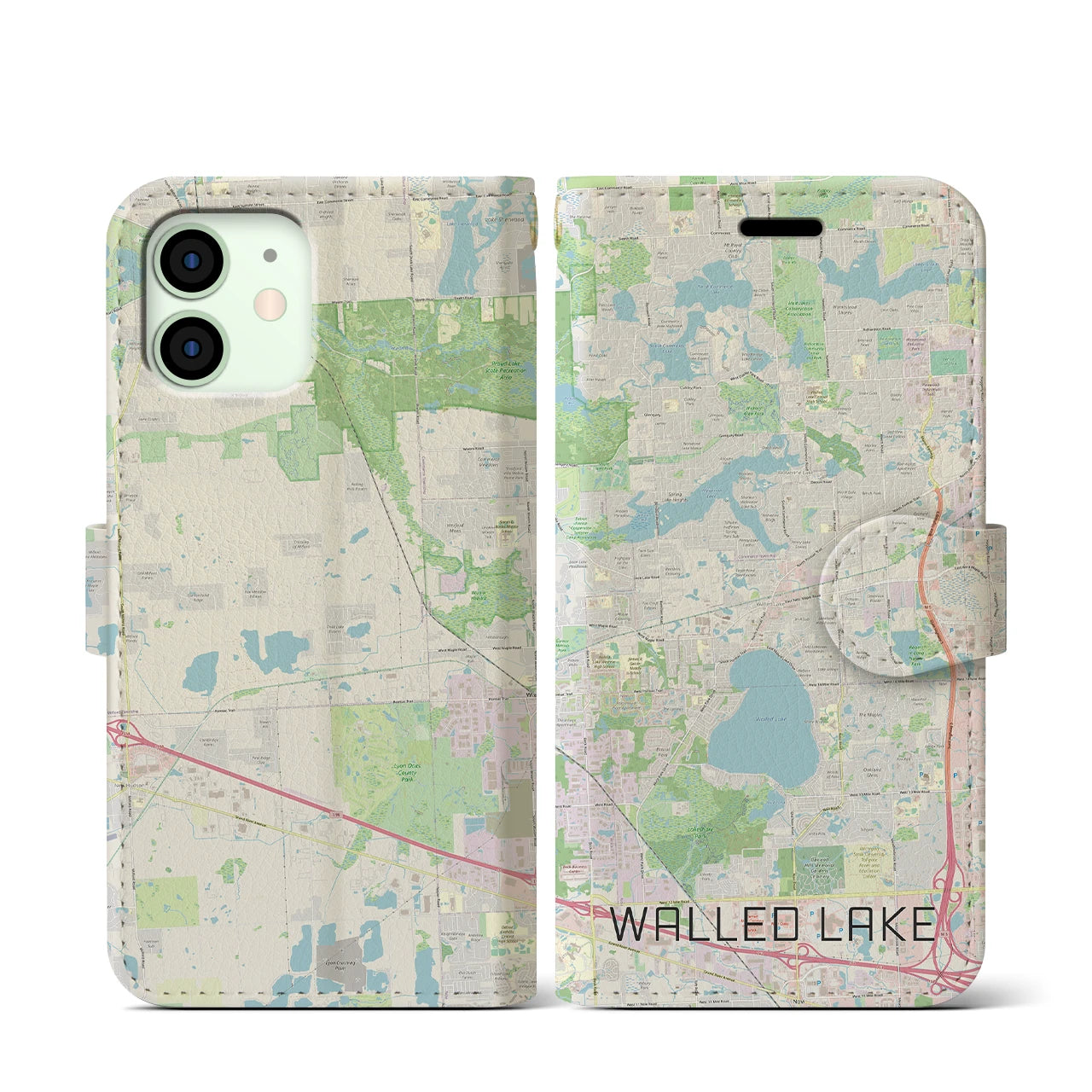 【ウォールドレイク(アメリカ)】地図柄iPhoneケース(手帳タイプ)ナチュラル・iPhone 12 mini 用