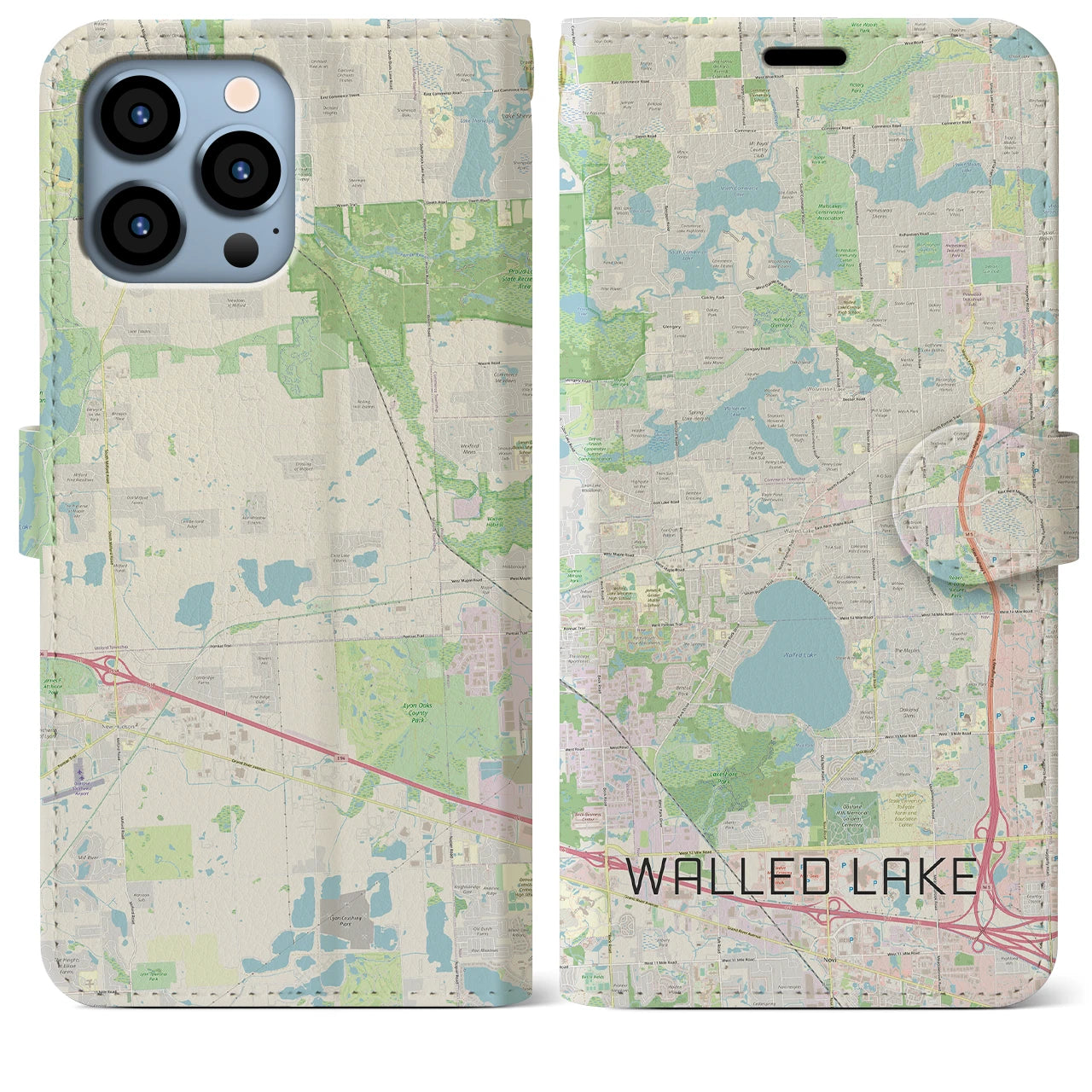 【ウォールドレイク(アメリカ)】地図柄iPhoneケース(手帳タイプ)ナチュラル・iPhone 13 Pro Max 用