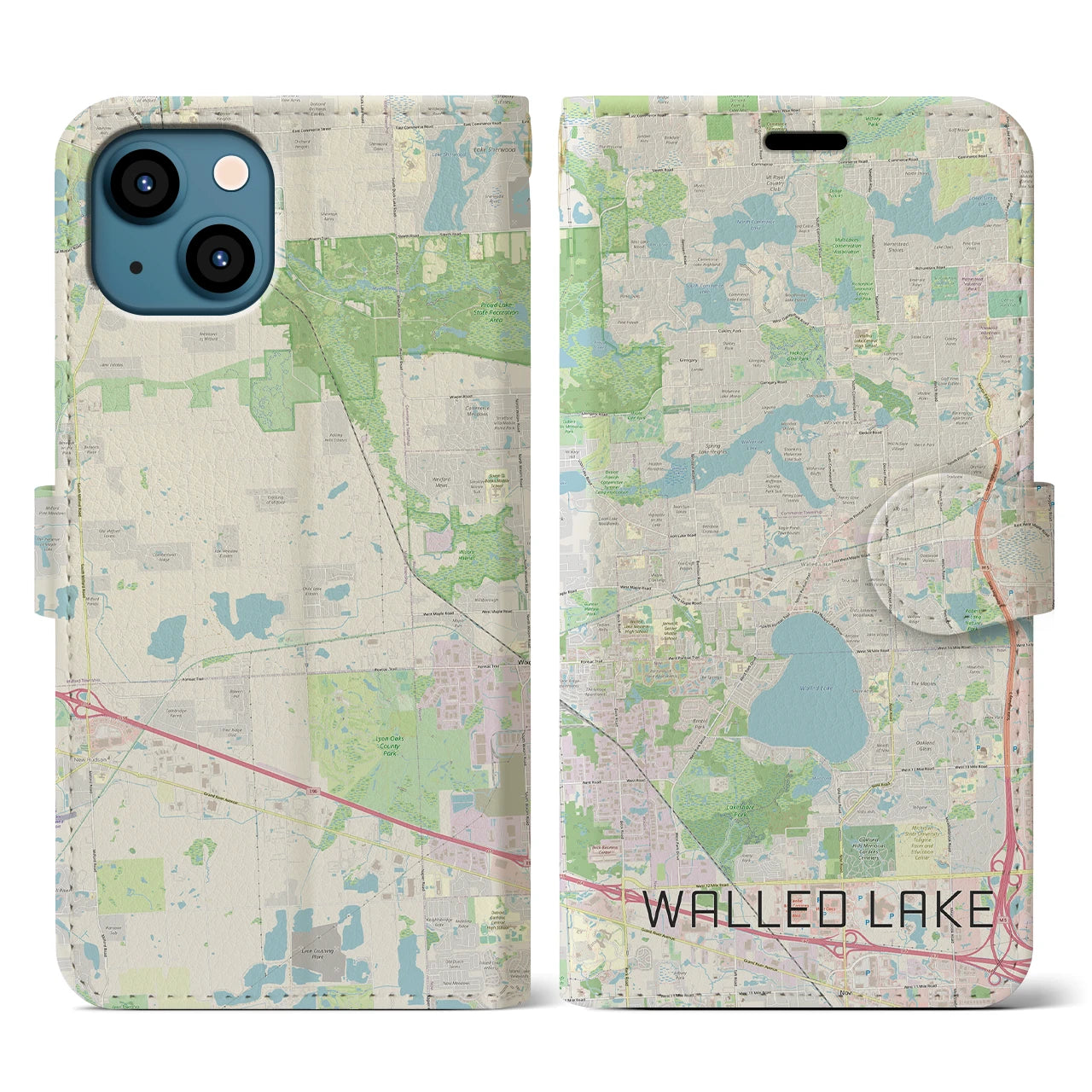 【ウォールドレイク(アメリカ)】地図柄iPhoneケース(手帳タイプ)ナチュラル・iPhone 13 用