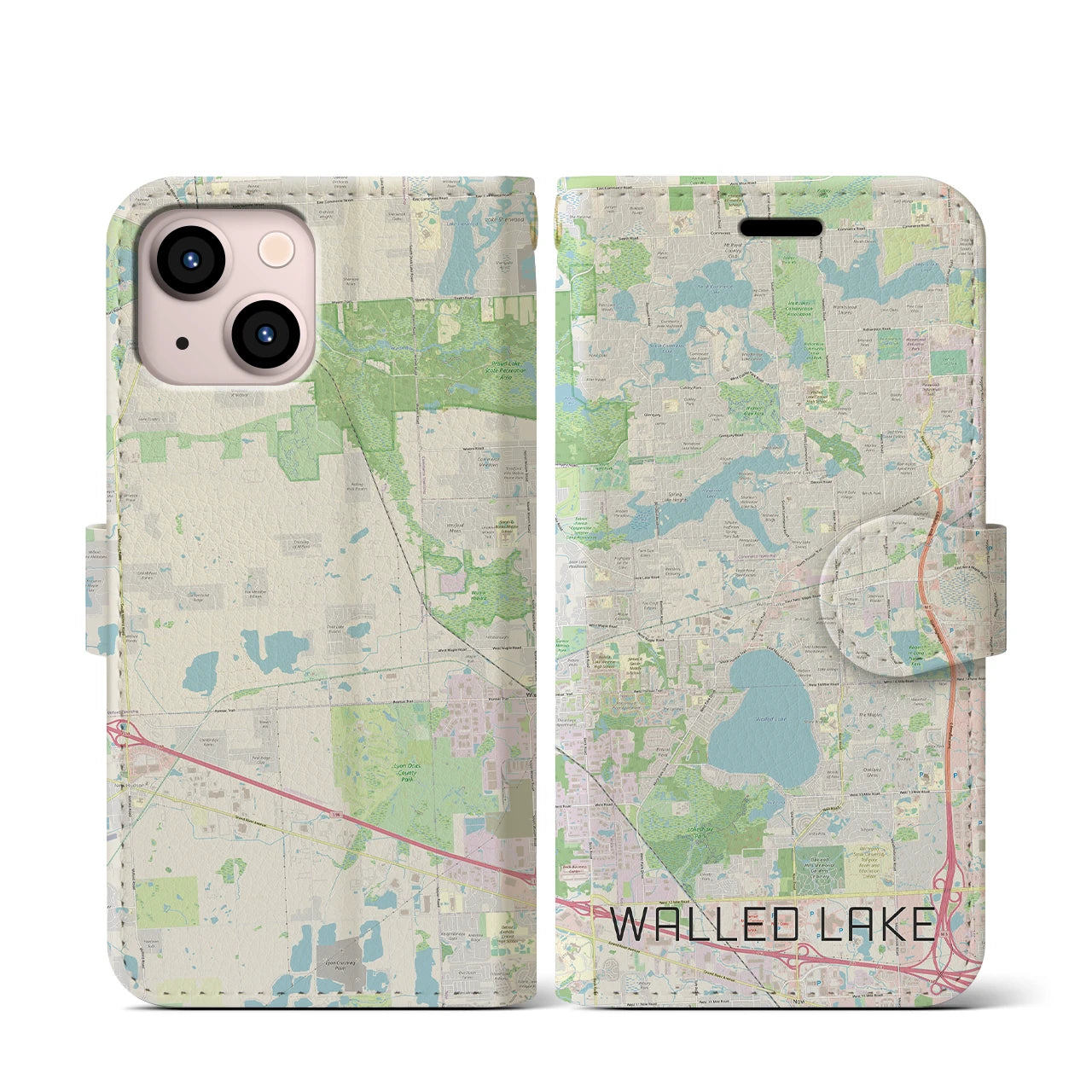 【ウォールドレイク(アメリカ)】地図柄iPhoneケース(手帳タイプ)ナチュラル・iPhone 13 mini 用