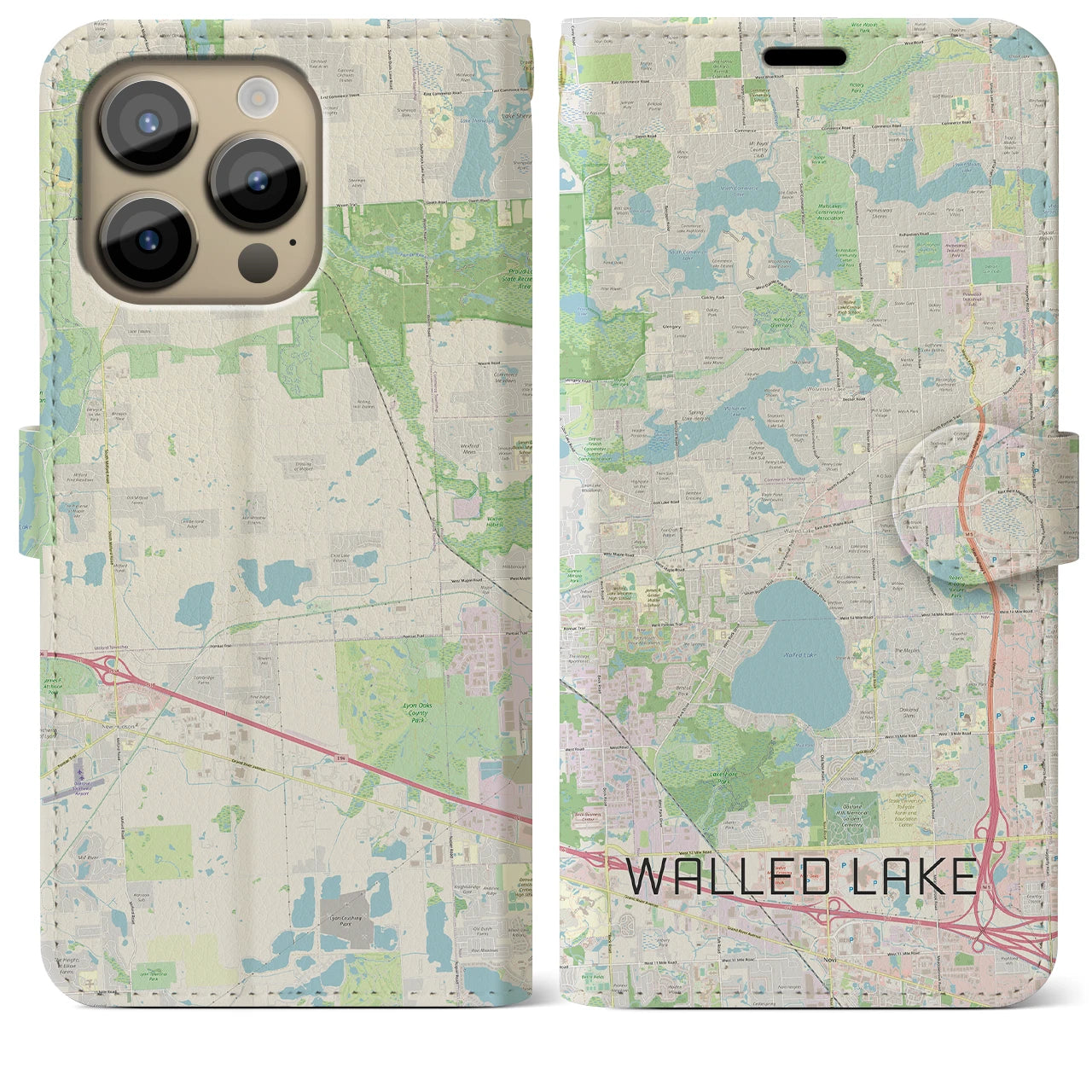 【ウォールドレイク(アメリカ)】地図柄iPhoneケース(手帳タイプ)ナチュラル・iPhone 14 Pro Max 用