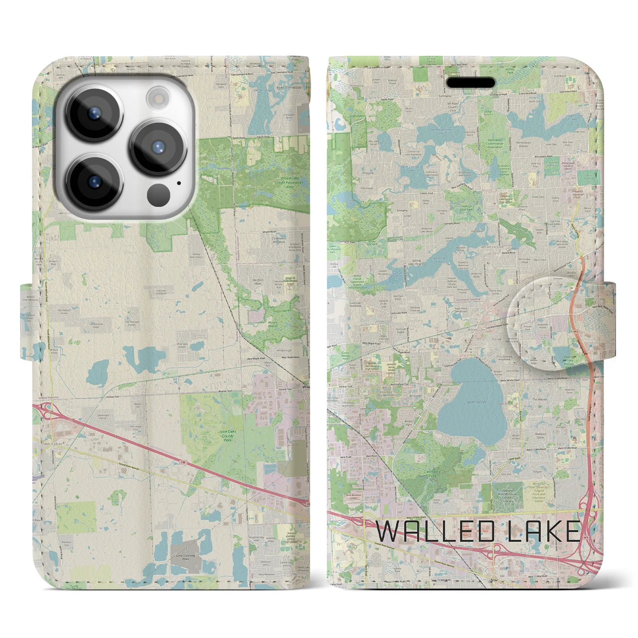 【ウォールドレイク(アメリカ)】地図柄iPhoneケース(手帳タイプ)ナチュラル・iPhone 14 Pro 用