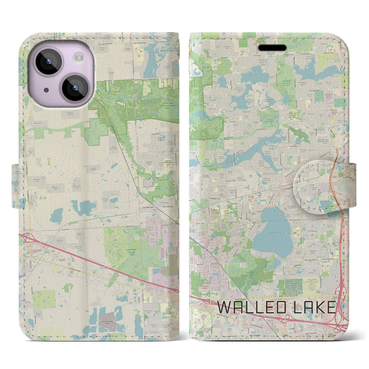 【ウォールドレイク(アメリカ)】地図柄iPhoneケース(手帳タイプ)ナチュラル・iPhone 14 用