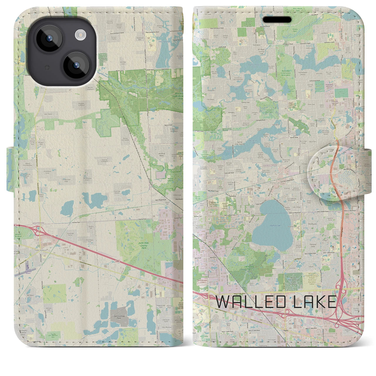 【ウォールドレイク(アメリカ)】地図柄iPhoneケース(手帳タイプ)ナチュラル・iPhone 14 Plus 用