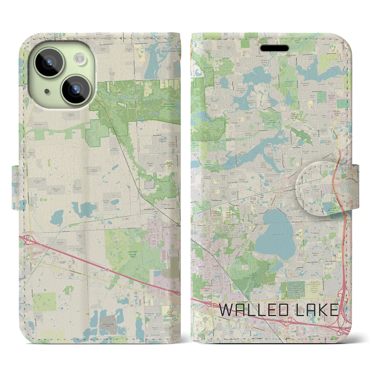 【ウォールドレイク(アメリカ)】地図柄iPhoneケース(手帳タイプ)ナチュラル・iPhone 15 用