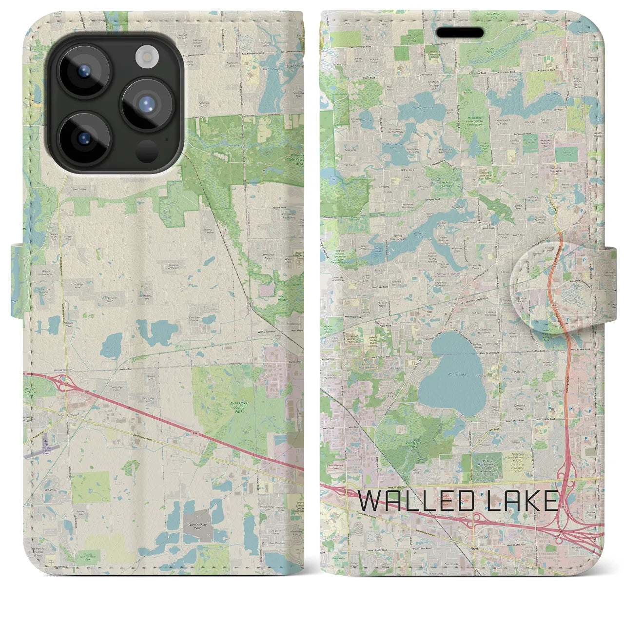 【ウォールドレイク(アメリカ)】地図柄iPhoneケース(手帳タイプ)ナチュラル・iPhone 15 Pro Max 用