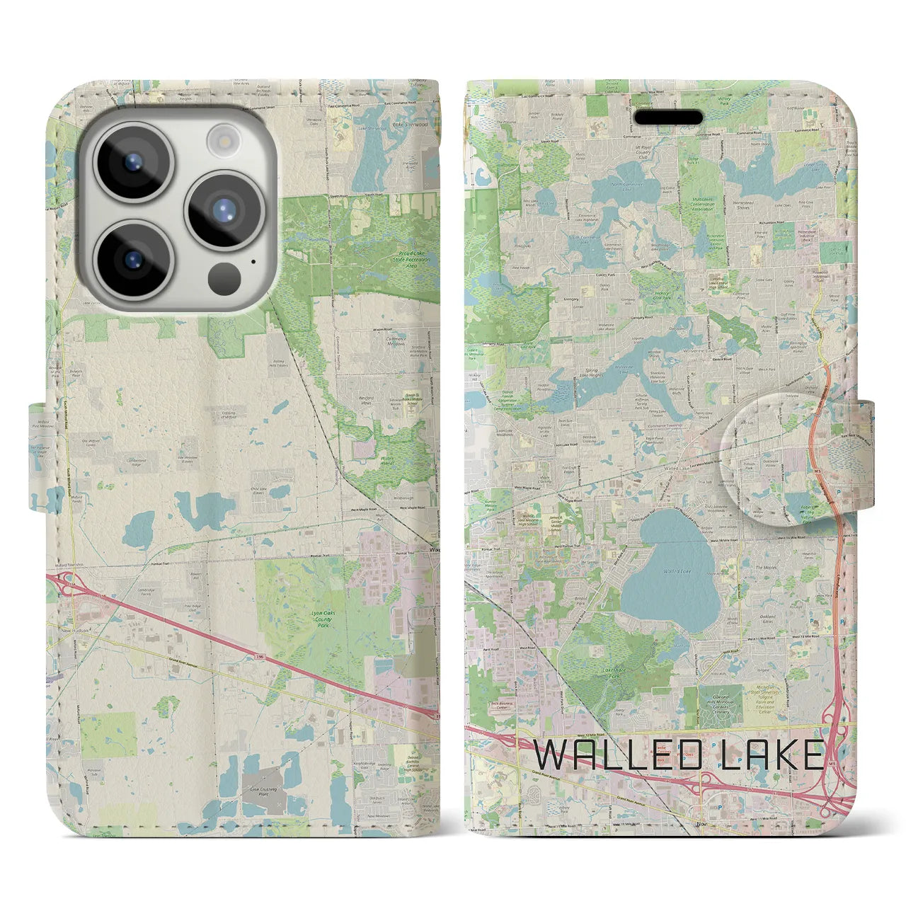 【ウォールドレイク(アメリカ)】地図柄iPhoneケース(手帳タイプ)ナチュラル・iPhone 15 Pro 用
