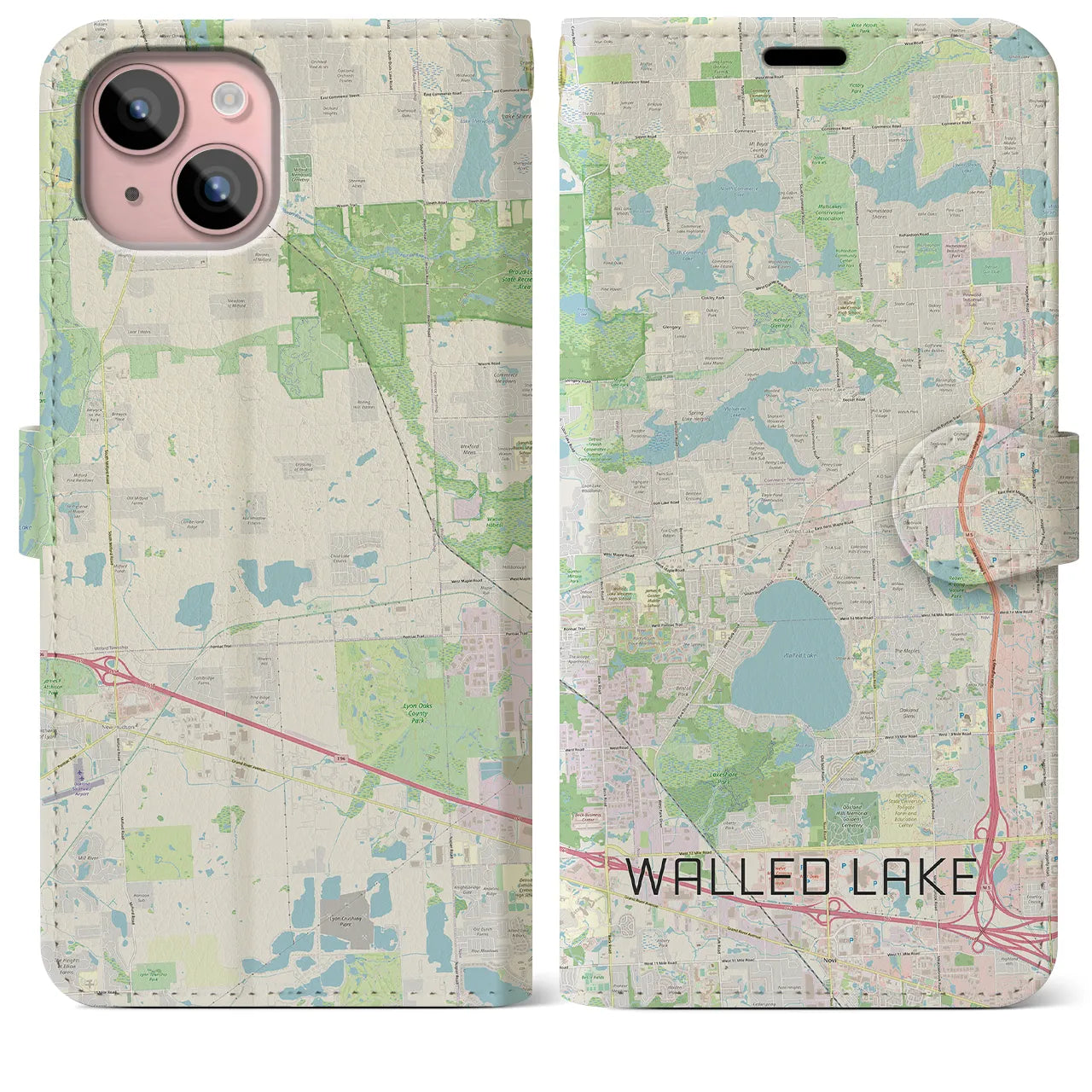 【ウォールドレイク(アメリカ)】地図柄iPhoneケース(手帳タイプ)ナチュラル・iPhone 15 Plus 用
