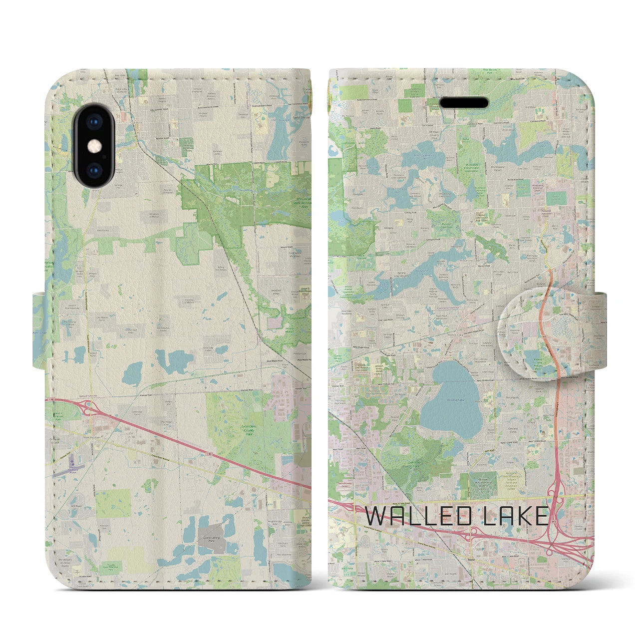 【ウォールドレイク(アメリカ)】地図柄iPhoneケース(手帳タイプ)ナチュラル・iPhone XS / X 用