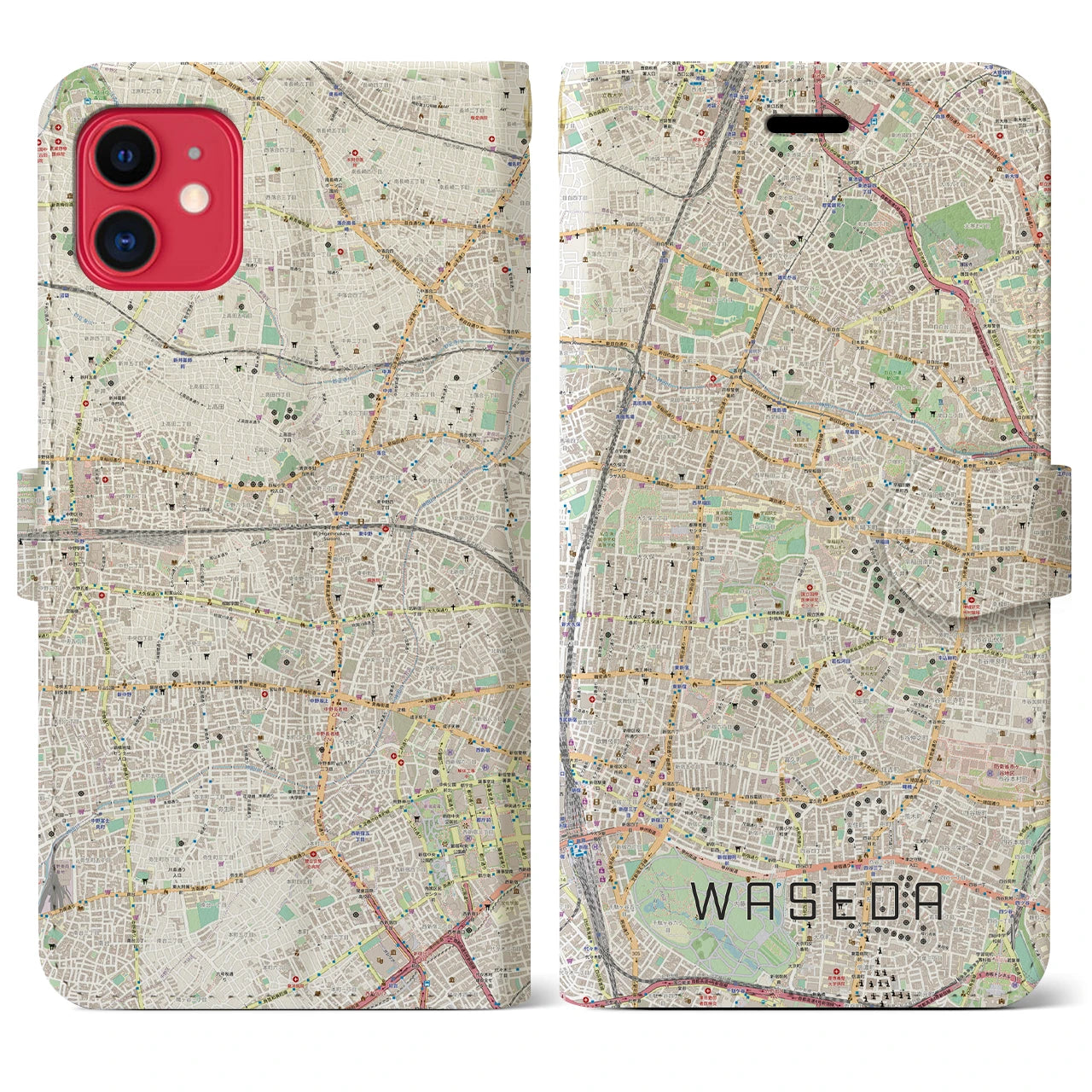 【早稲田2(東京都)】地図柄iPhoneケース(手帳タイプ)ナチュラル・iPhone 11 用