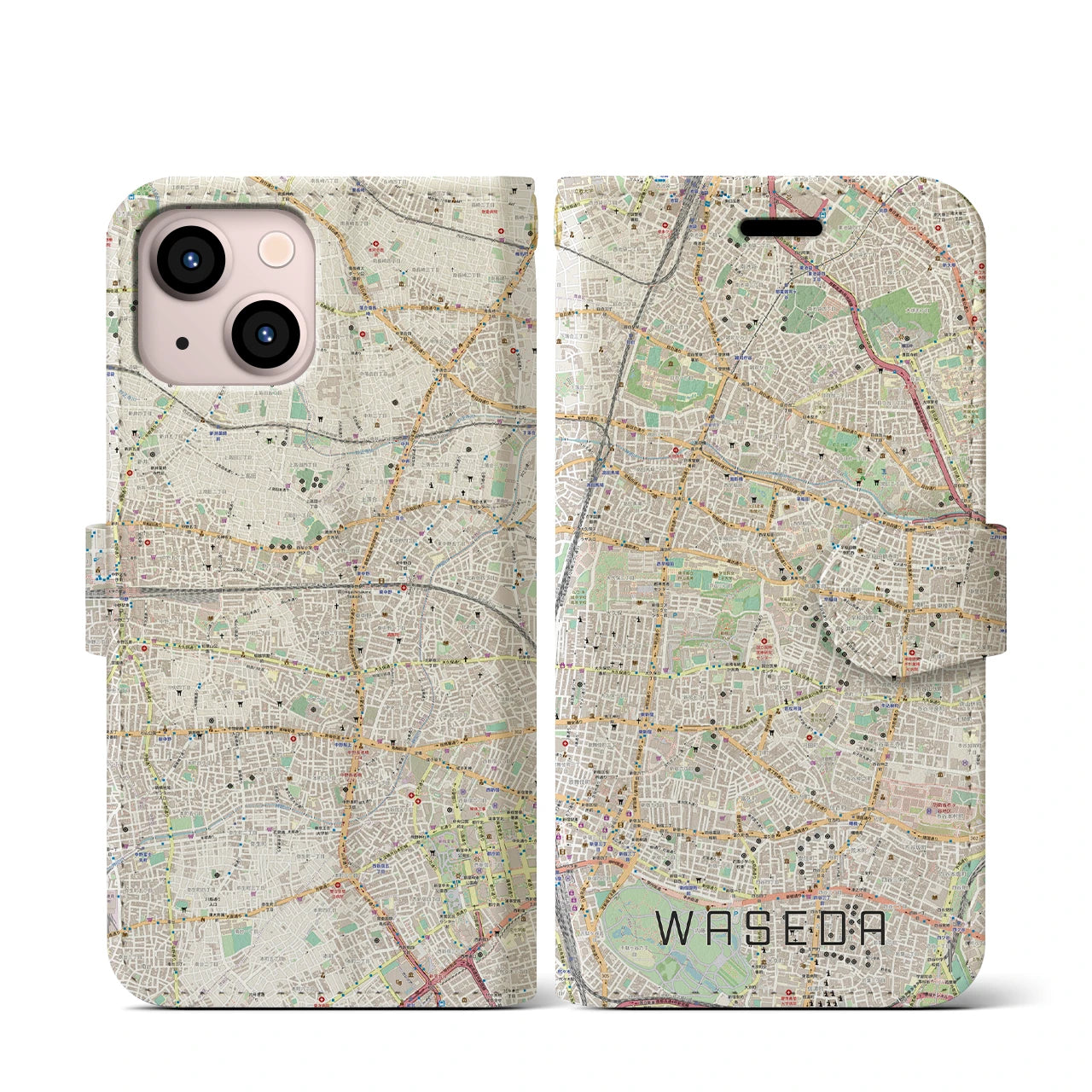 【早稲田2(東京都)】地図柄iPhoneケース(手帳タイプ)ナチュラル・iPhone 13 mini 用