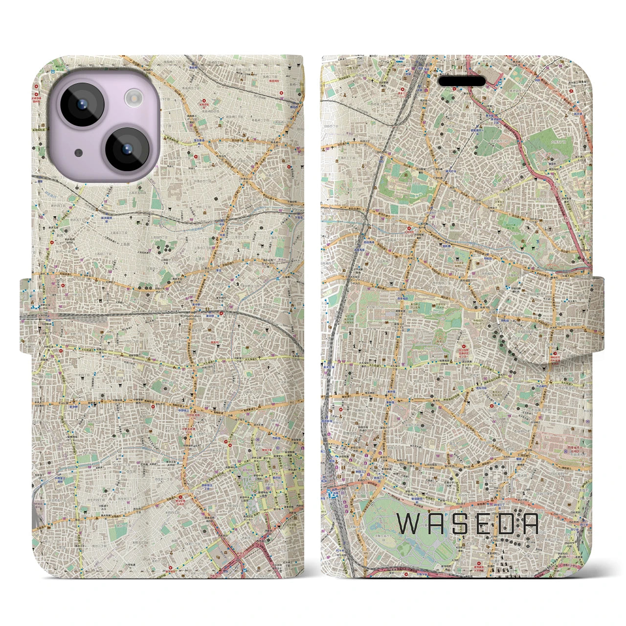 【早稲田2(東京都)】地図柄iPhoneケース(手帳タイプ)ナチュラル・iPhone 14 用