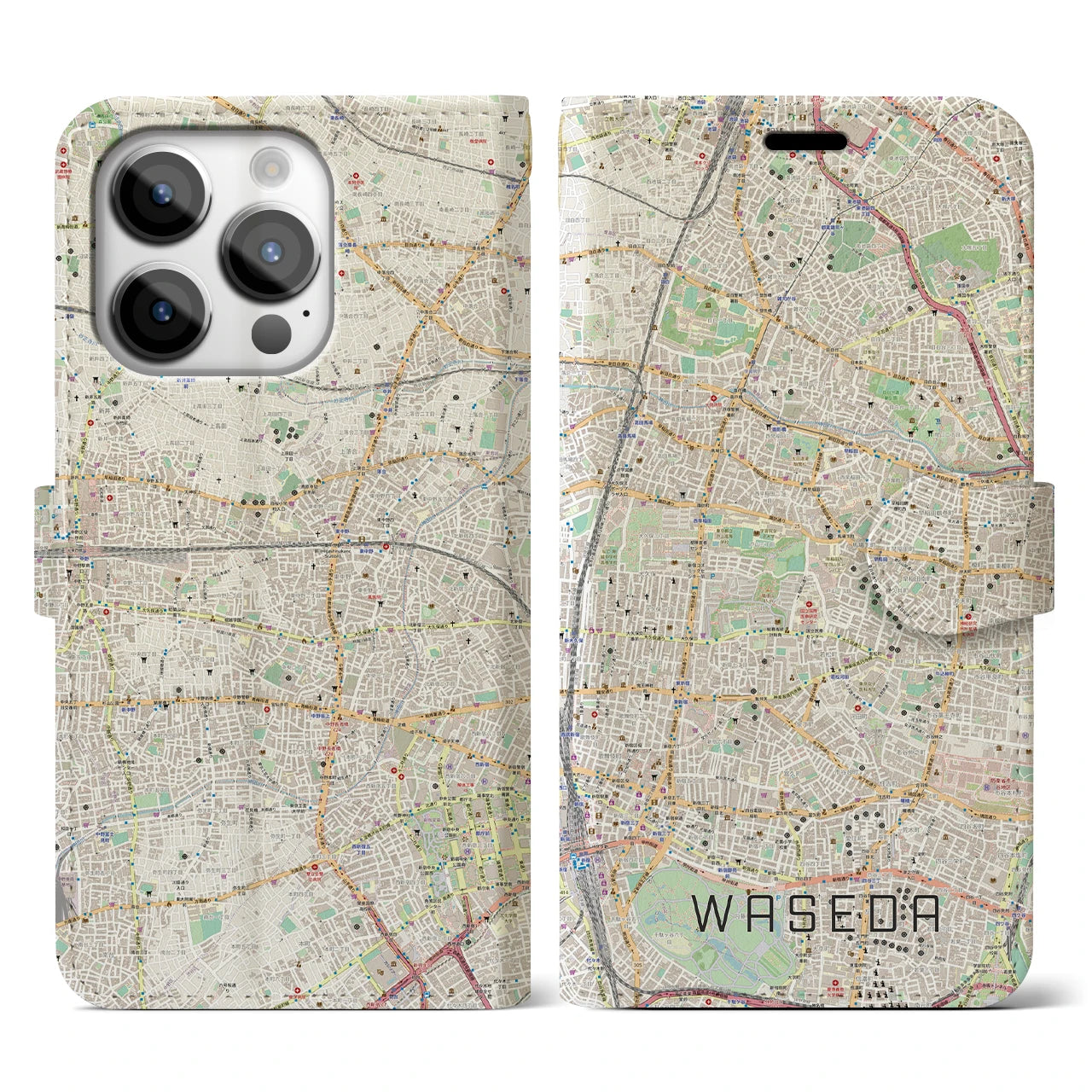 【早稲田2(東京都)】地図柄iPhoneケース(手帳タイプ)ナチュラル・iPhone 14 Pro 用