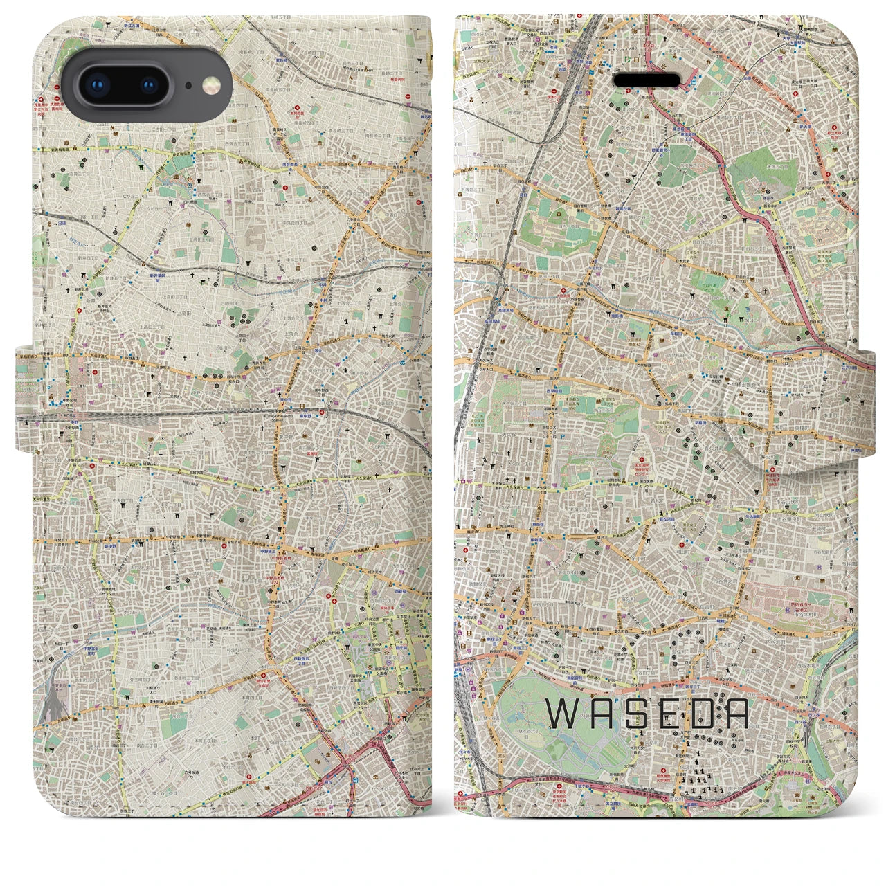 【早稲田2(東京都)】地図柄iPhoneケース(手帳タイプ)ナチュラル・iPhone 8Plus /7Plus / 6sPlus / 6Plus 用