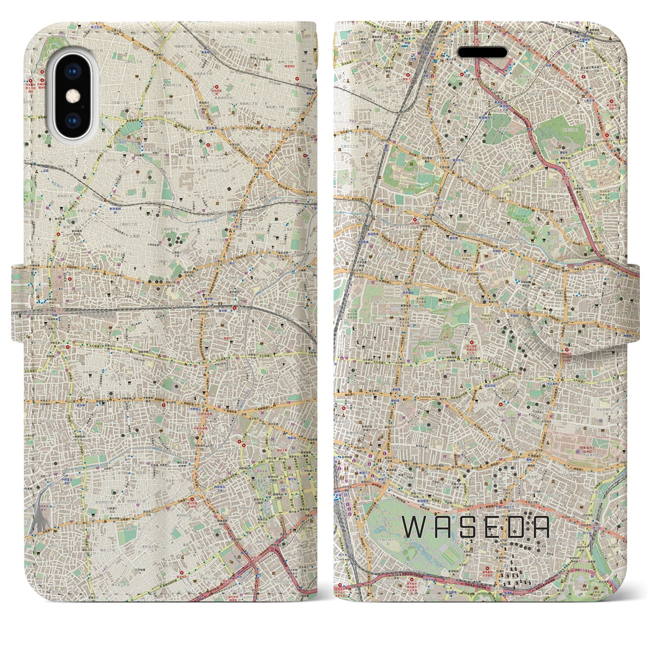 【早稲田2(東京都)】地図柄iPhoneケース(手帳タイプ)ナチュラル・iPhone XS Max 用