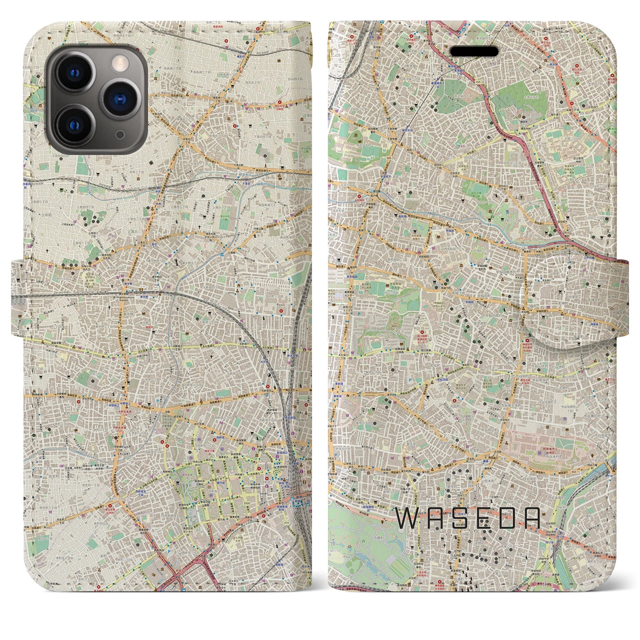 【早稲田(東京都)】地図柄iPhoneケース(手帳タイプ)ナチュラル・iPhone 11 Pro Max 用