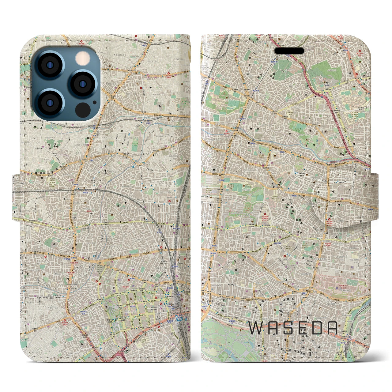 【早稲田(東京都)】地図柄iPhoneケース(手帳タイプ)ナチュラル・iPhone 12 / 12 Pro 用