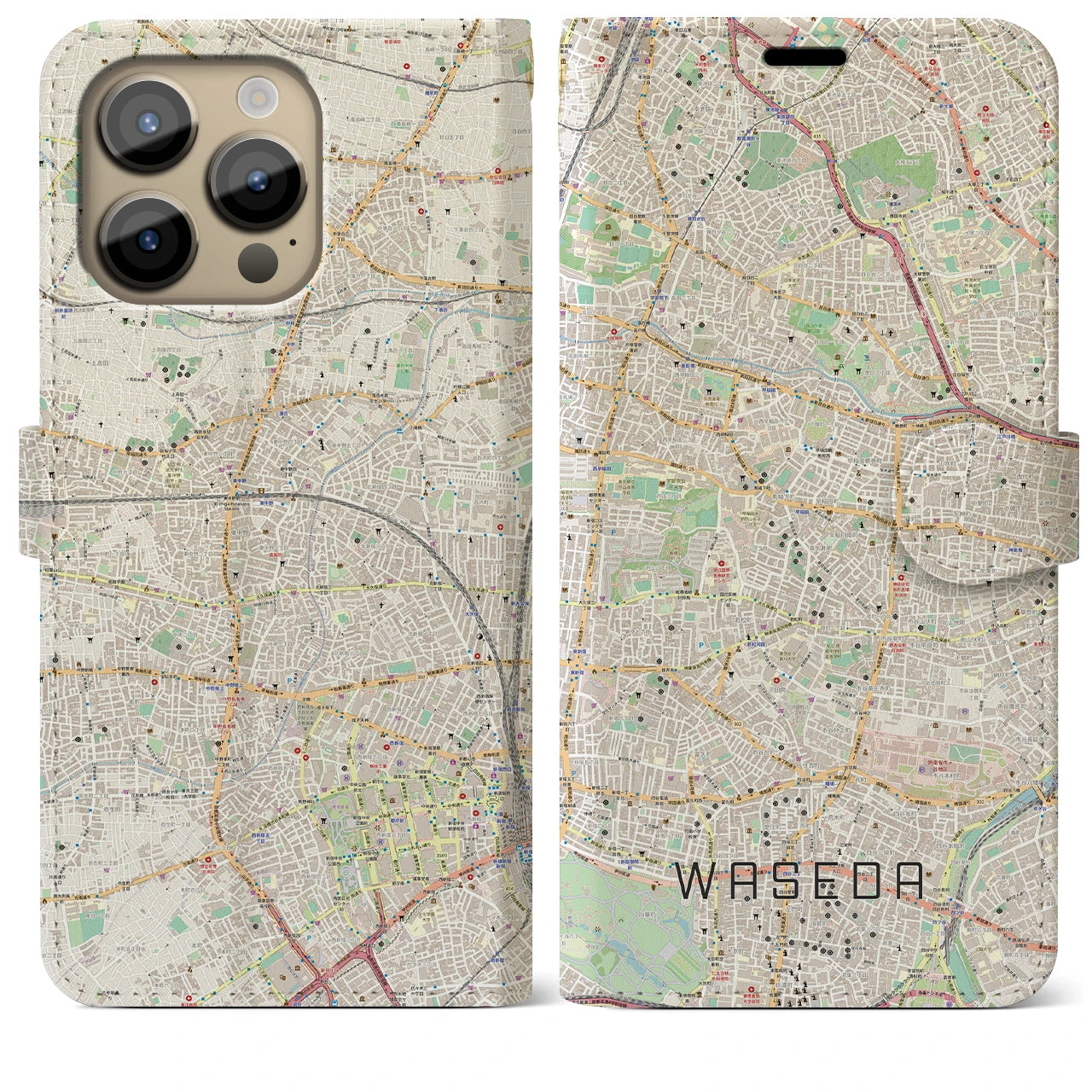 【早稲田(東京都)】地図柄iPhoneケース(手帳タイプ)ナチュラル・iPhone 14 Pro Max 用