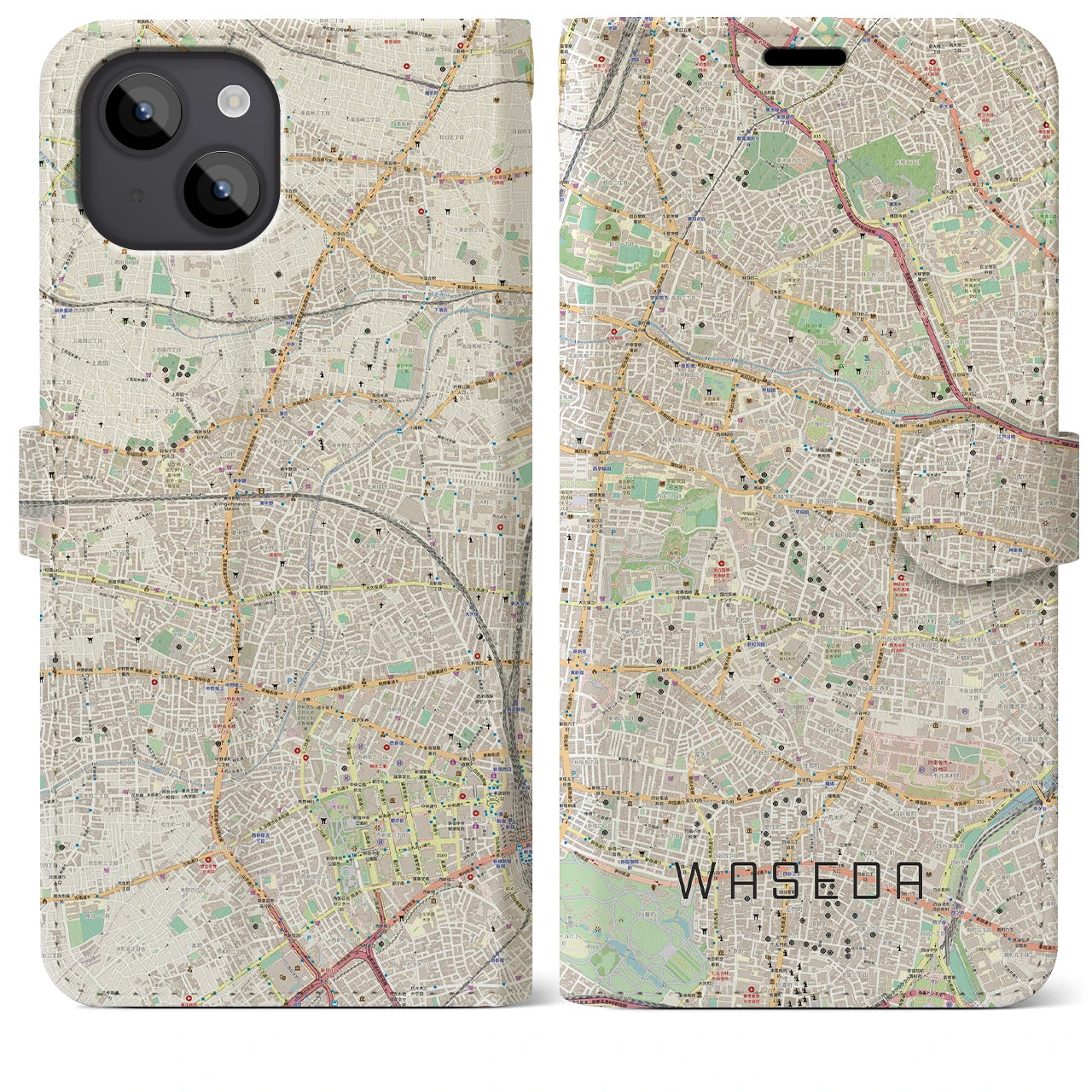【早稲田(東京都)】地図柄iPhoneケース(手帳タイプ)ナチュラル・iPhone 14 Plus 用