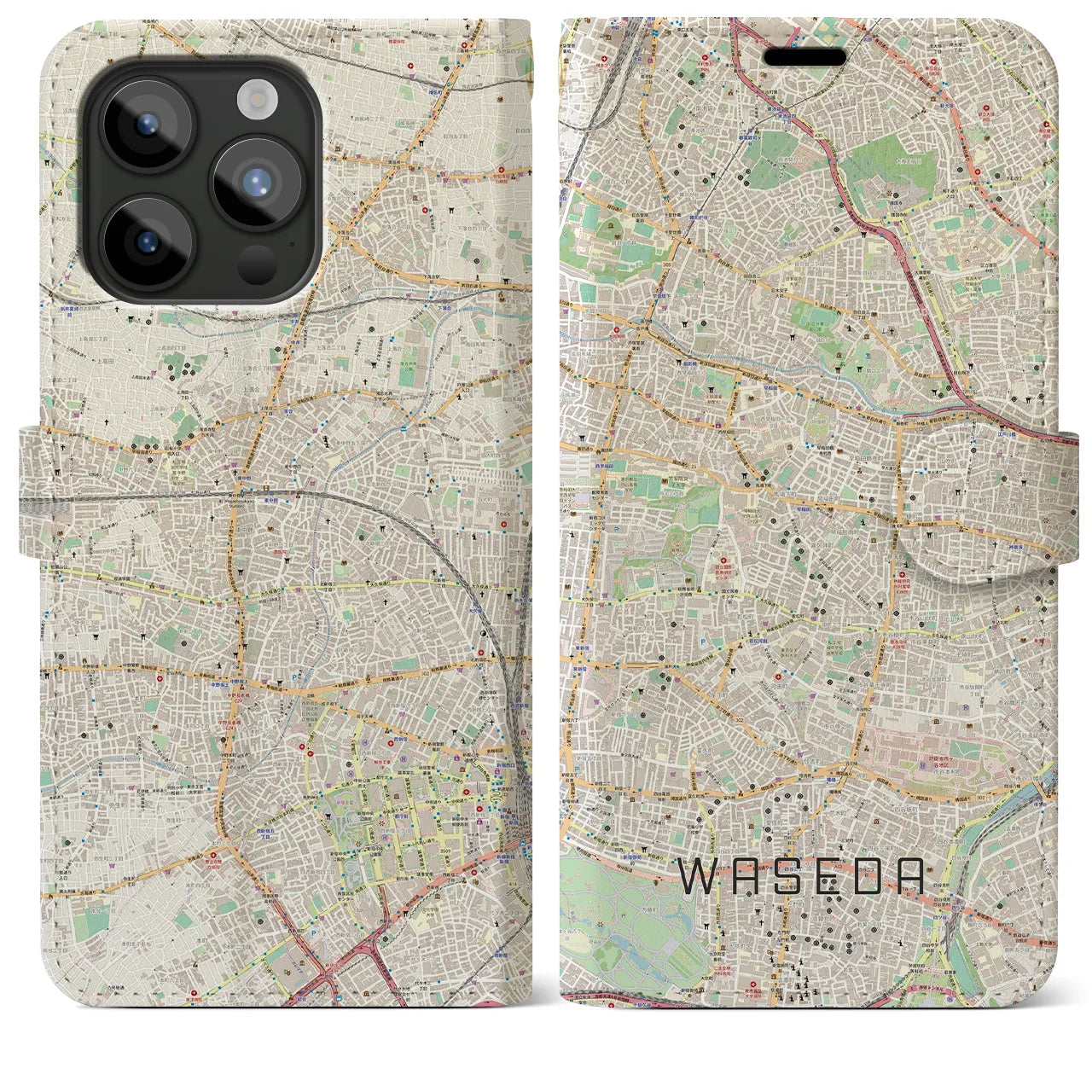 【早稲田(東京都)】地図柄iPhoneケース(手帳タイプ)ナチュラル・iPhone 15 Pro Max 用