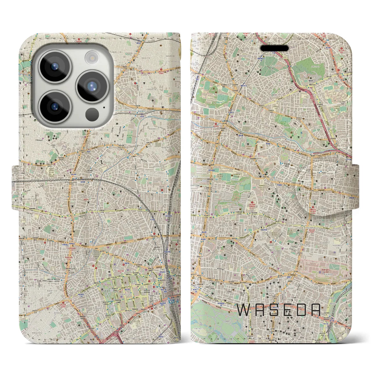 【早稲田(東京都)】地図柄iPhoneケース(手帳タイプ)ナチュラル・iPhone 15 Pro 用
