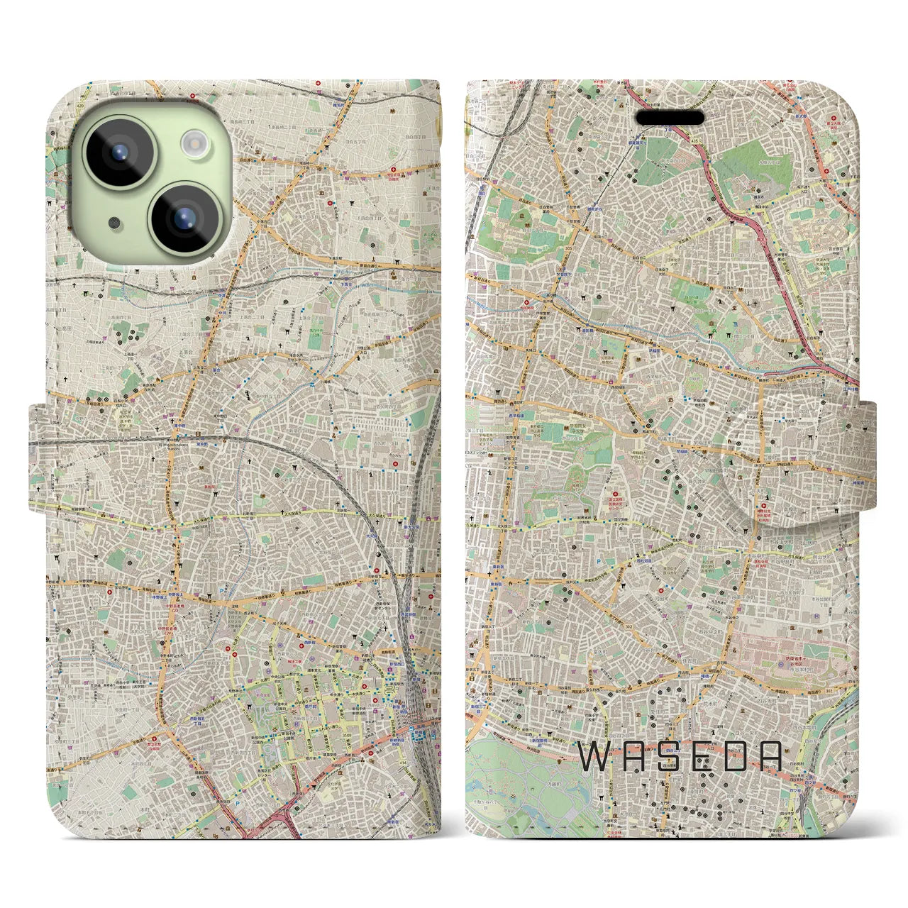 【早稲田(東京都)】地図柄iPhoneケース(手帳タイプ)ナチュラル・iPhone 15 用