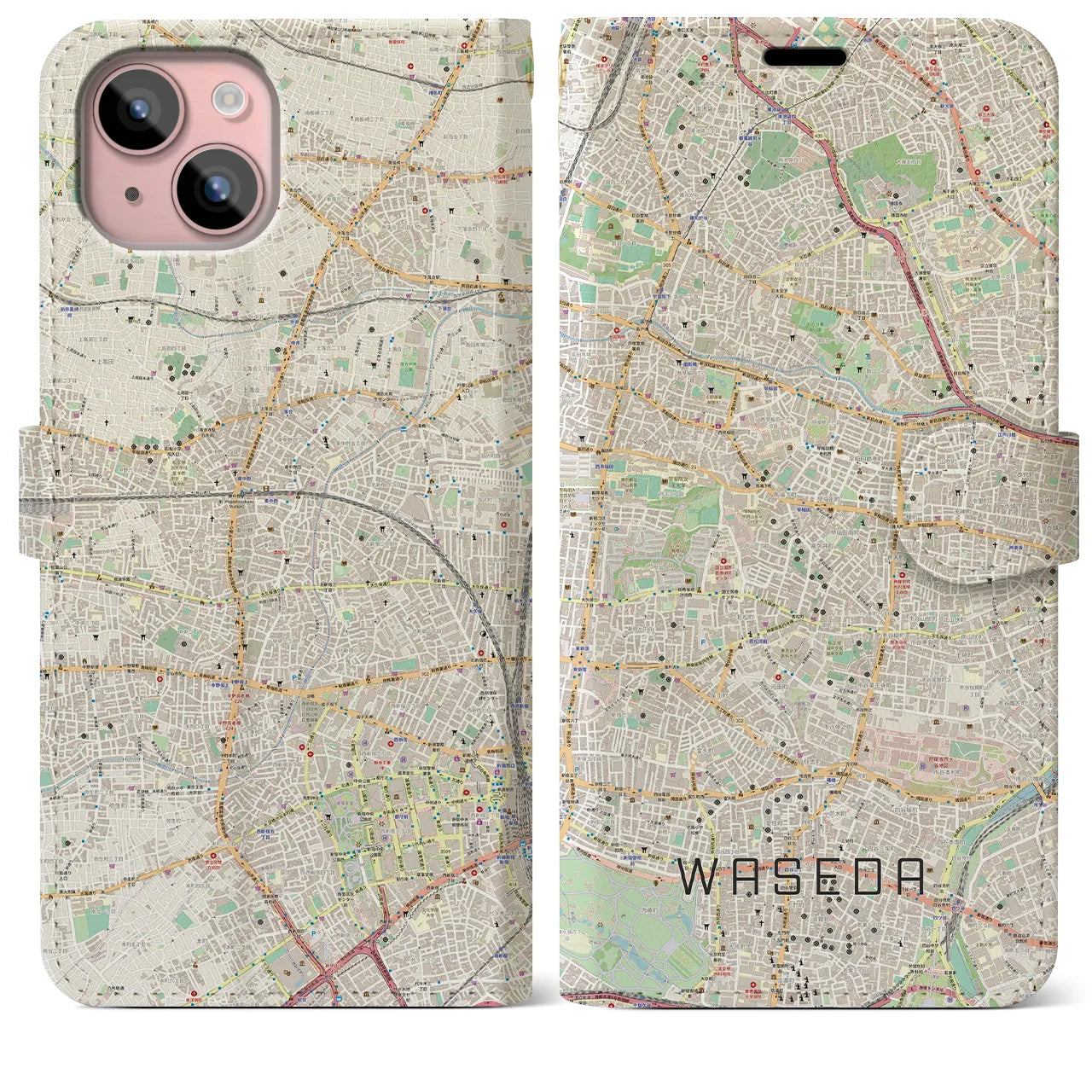 【早稲田(東京都)】地図柄iPhoneケース(手帳タイプ)ナチュラル・iPhone 15 Plus 用