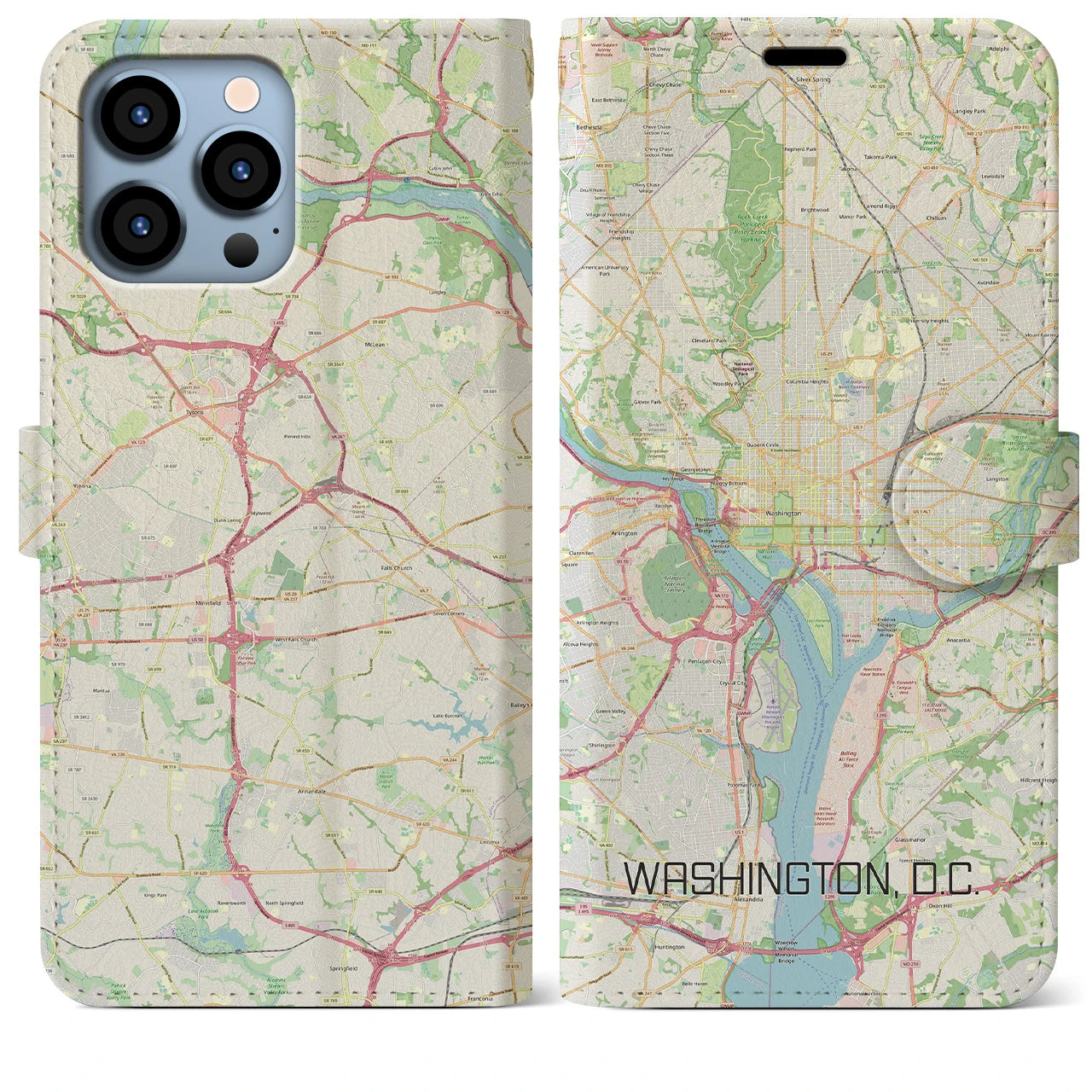 【ワシントンD.C.(アメリカ)】地図柄iPhoneケース(手帳タイプ)ナチュラル・iPhone 13 Pro Max 用