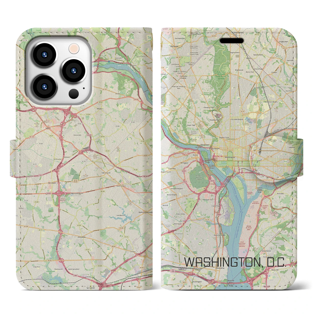 【ワシントンD.C.(アメリカ)】地図柄iPhoneケース(手帳タイプ)ナチュラル・iPhone 13 Pro 用