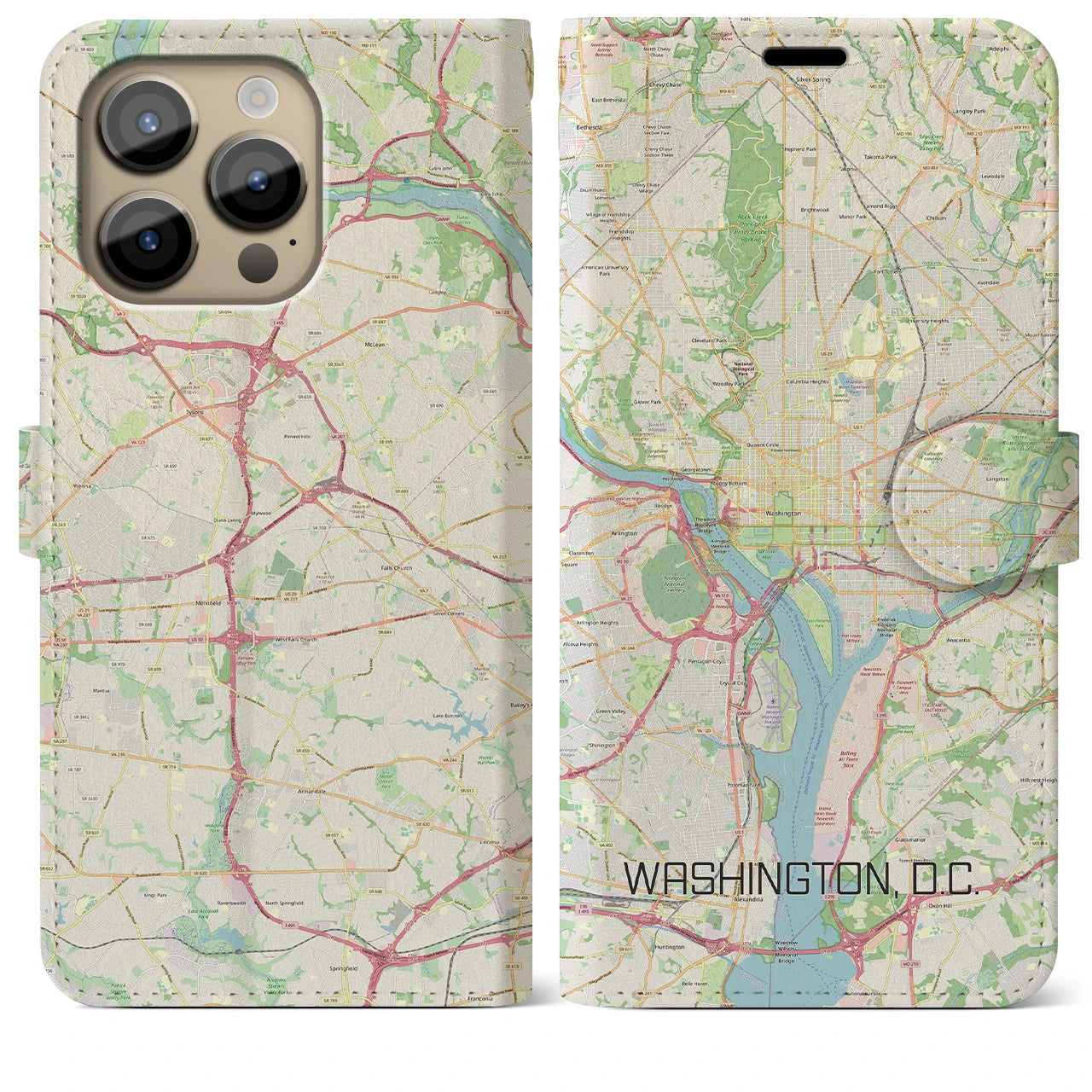 【ワシントンD.C.(アメリカ)】地図柄iPhoneケース(手帳タイプ)ナチュラル・iPhone 14 Pro Max 用