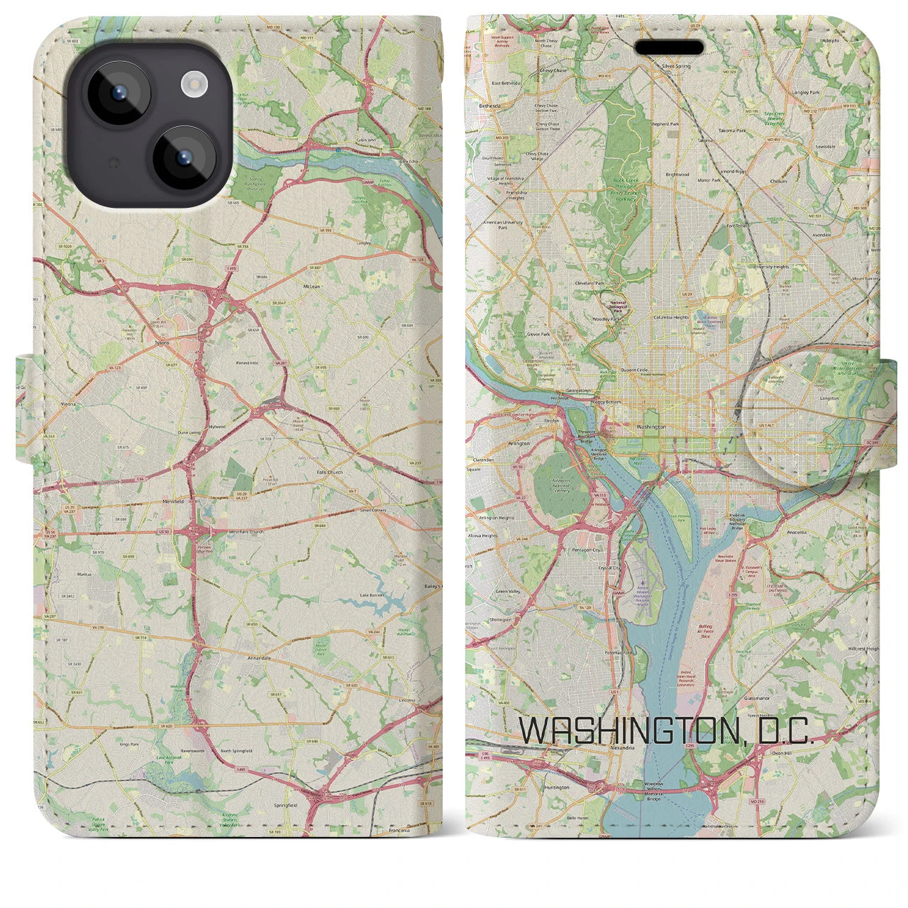 【ワシントンD.C.(アメリカ)】地図柄iPhoneケース(手帳タイプ)ナチュラル・iPhone 14 Plus 用
