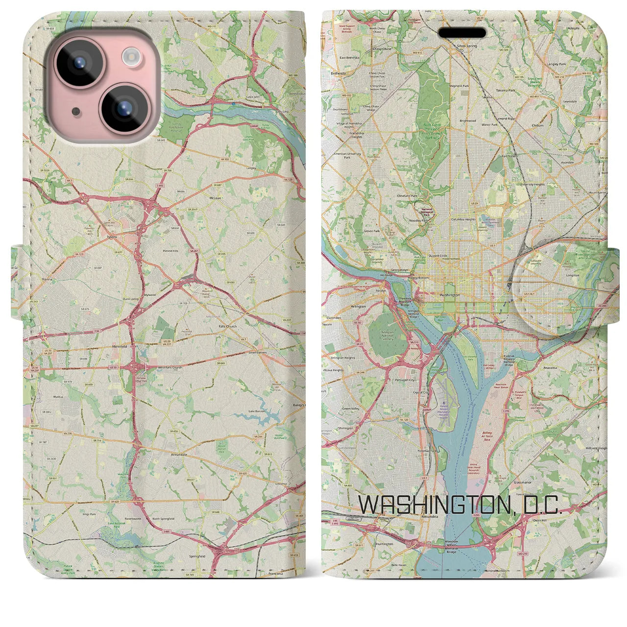 【ワシントンD.C.(アメリカ)】地図柄iPhoneケース(手帳タイプ)ナチュラル・iPhone 15 Plus 用